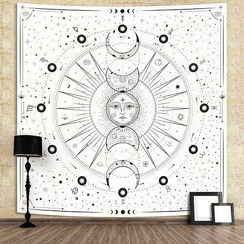 Hihealer - Tapiz para colgar en la pared, diseño psicodélico con sol, luna, estrellas y espacio, color blanco y negro, para dormitorio, decoración