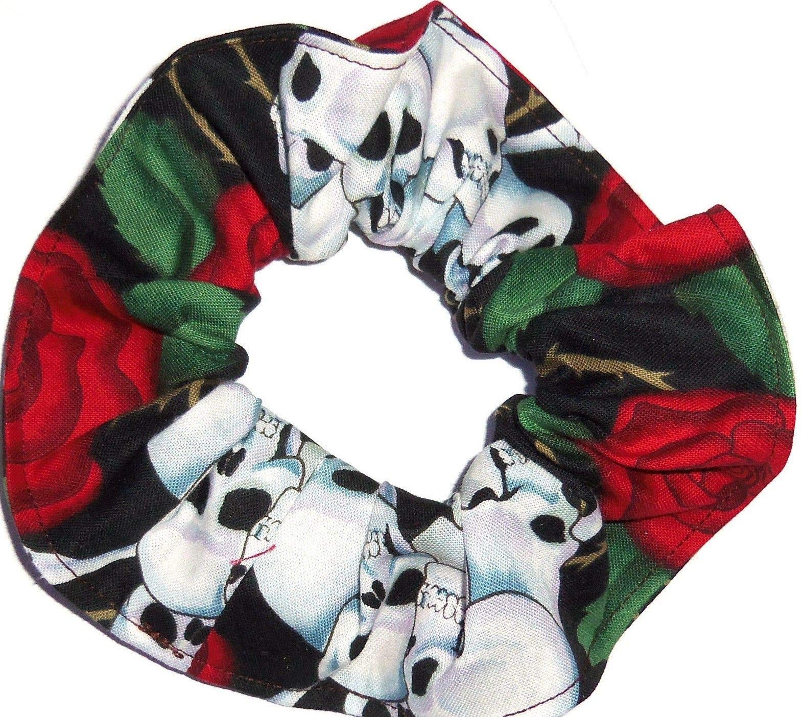 Scrunchies by Sherry made with cotton fabricSkulls and Roses Hair Set of 2 Ponytail Holders Red Black White