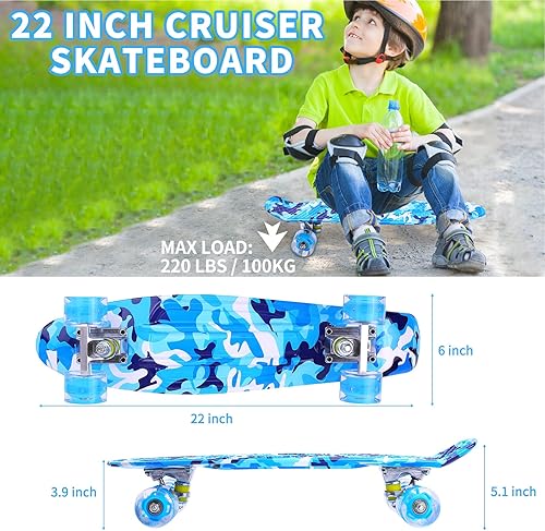 Miniatura 4 de Patinetas, 22" Patineta Completa, Mini Cruiser Skateboard para Niños Niñas Adolescentes Principiantes con Coloridas Ruedas Intermitentes Herramienta