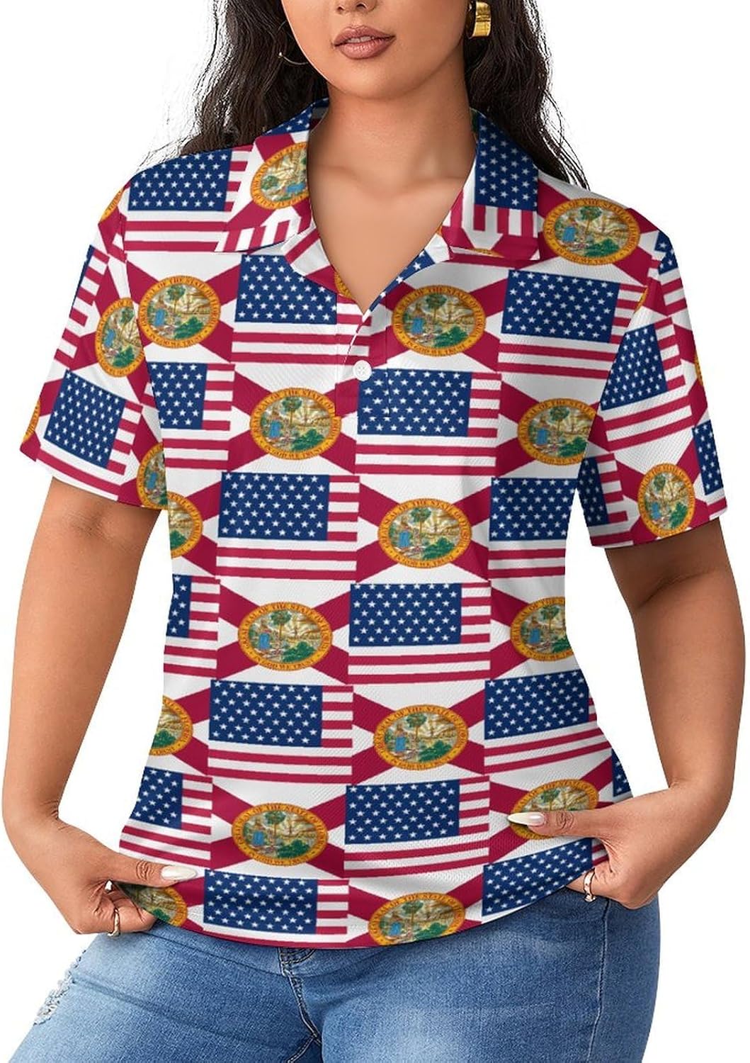 Flag of USA and Flag of Florida Women's Golf Polo Shirts Short Sleeve Quick Dry Tennis Tops Casual Work Blouses