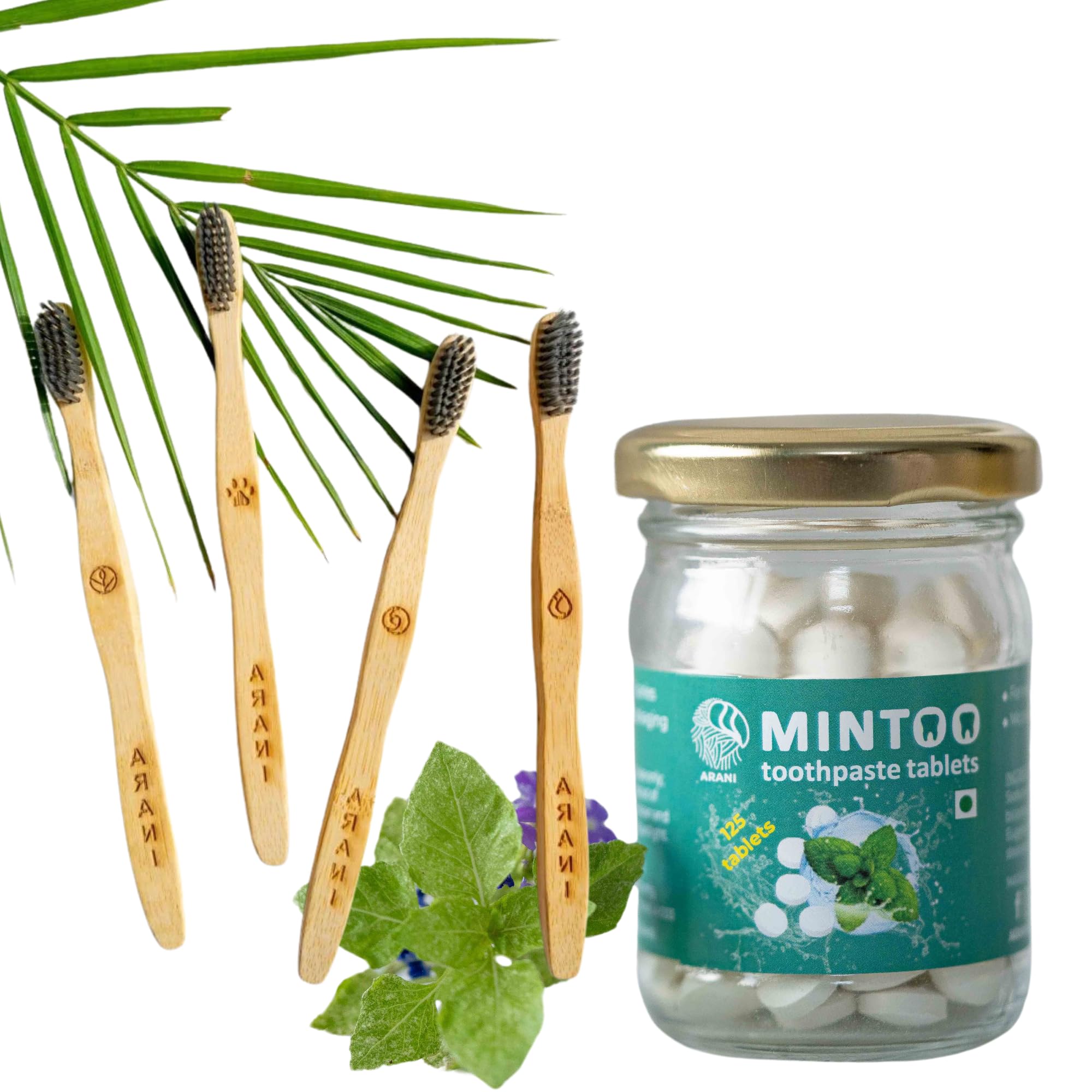 Arani Eco Dental Care Kit CLOVE | 4 adult size Bamboo Tootbrushes | 1 jar of Mintoo Clove Flavour 125 tablets | Sulphate and PEG Free Toothpaste Tablets | Biodegradable Toothbrushes