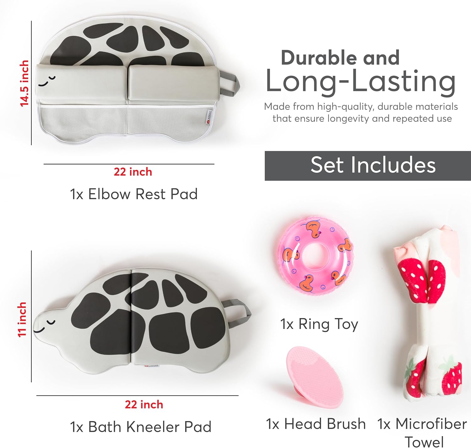 Comfortable Bath Kneeler and Elbow Rest Pad Set – 22'' Extra Long, 1.5'' Thick, Foldable, Non-Slip, with Toy Organizer Pockets, Quick Drying – Grey (Turtle Shape)