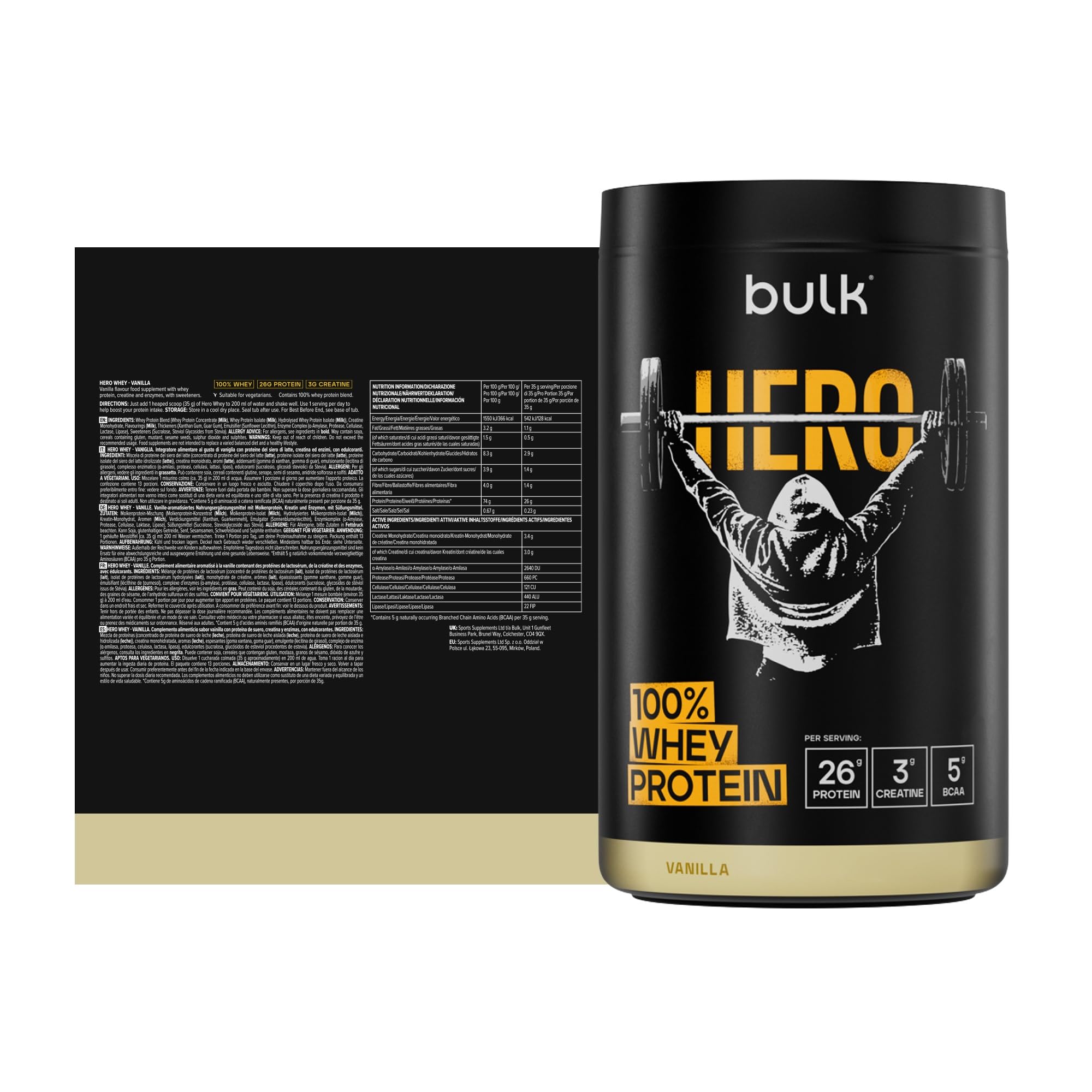 Bulk Hero 100% Whey Protéine en Poudre | Vanille | 910g | 26g Protéine + 3g Créatine | 5g BCAA | Faible en Sucre | Absorption Rapide | Isolat, Hydrolysat & Concentré
