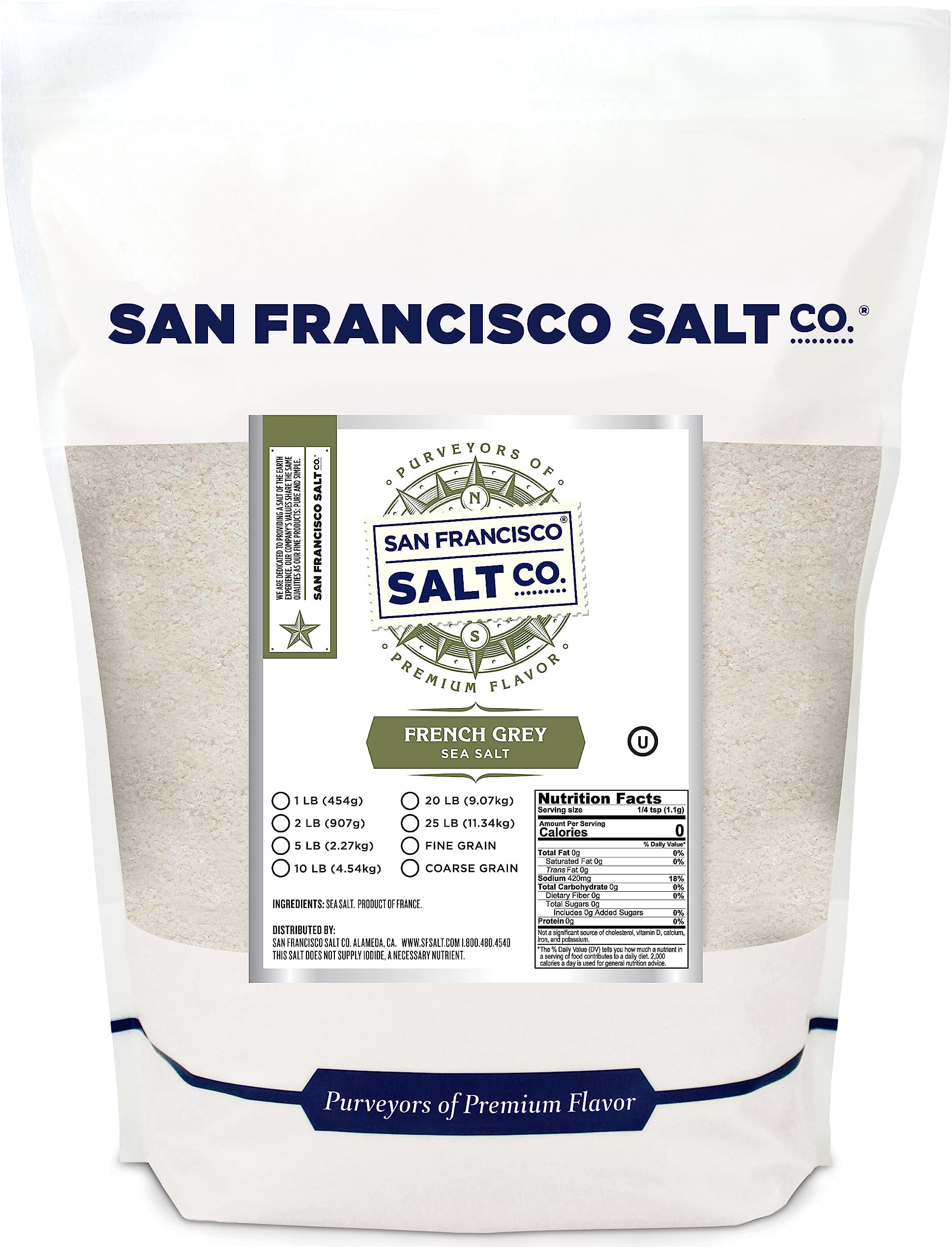 French Grey Sea Salt 2 lb Bag - Fine Grain (Sel Gris) from Guérande France - All-Natural, Kosher Gourmet Sea Salt for Cooking, Seasoning & Grilling