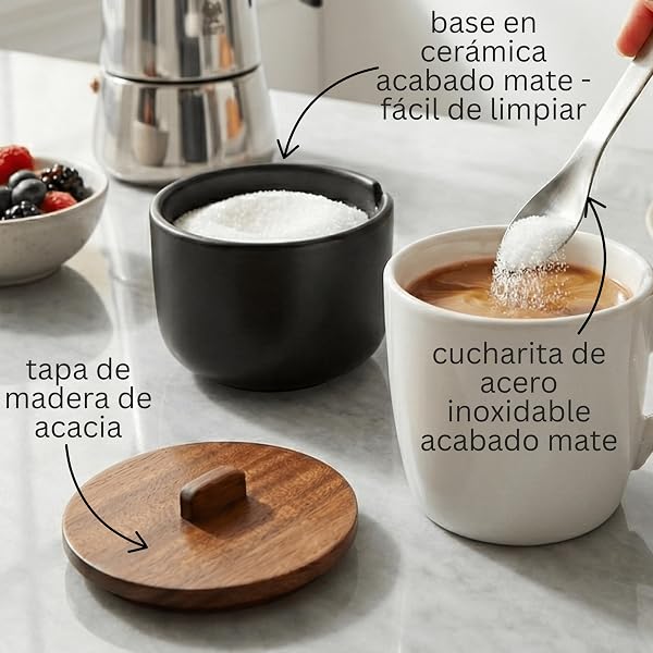 KOOK TIME Azucarero de Cerámica CURVE con Cuchara - Tarro Pequeño con Tapa de Madera de Acacia. Recipiente para Azúcar, Sal, Especias o Queso Rallado. 10.5 x 9 cm. - Negro mate - 2