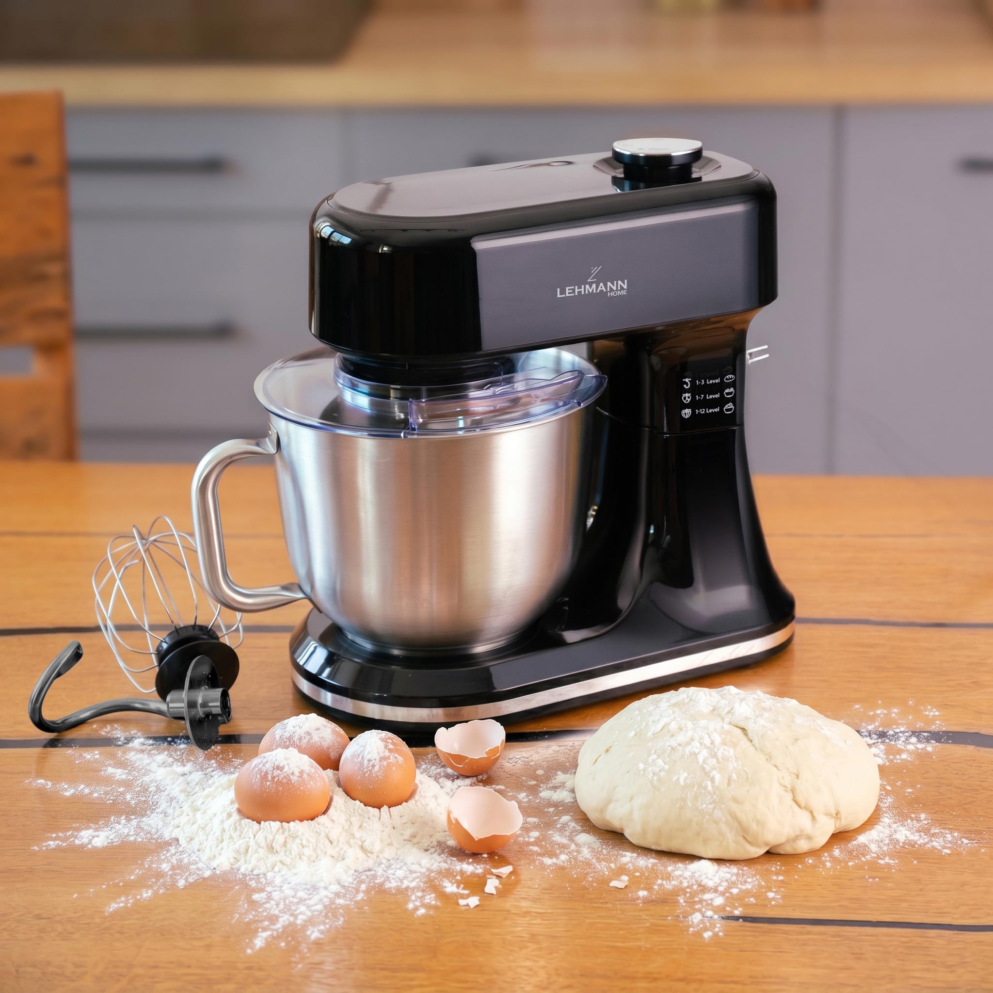LEHMANN Impastatrice Planetaria Multifunzione con Display, Funzione di Fermentazione e Riscaldamento, Bilancia Integrata, 12 Velocità, Timer, con Ciotola 5 L, Frusta, Gancio Impastare, Mescolatore