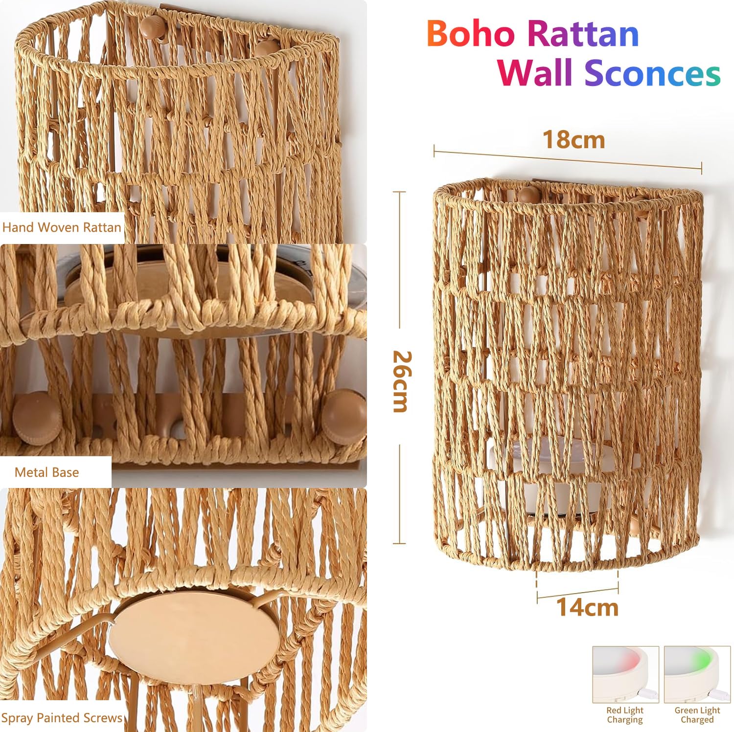 2 Stück Boho Rattan Wandlampe Innen Akku Wandleuchte Ohne Stromanschluss RGB Dimmbare Wandleuchten mit Fernbedienung Retro Nachttischlampe für Schlafzimmer Wohnzimmer Flur