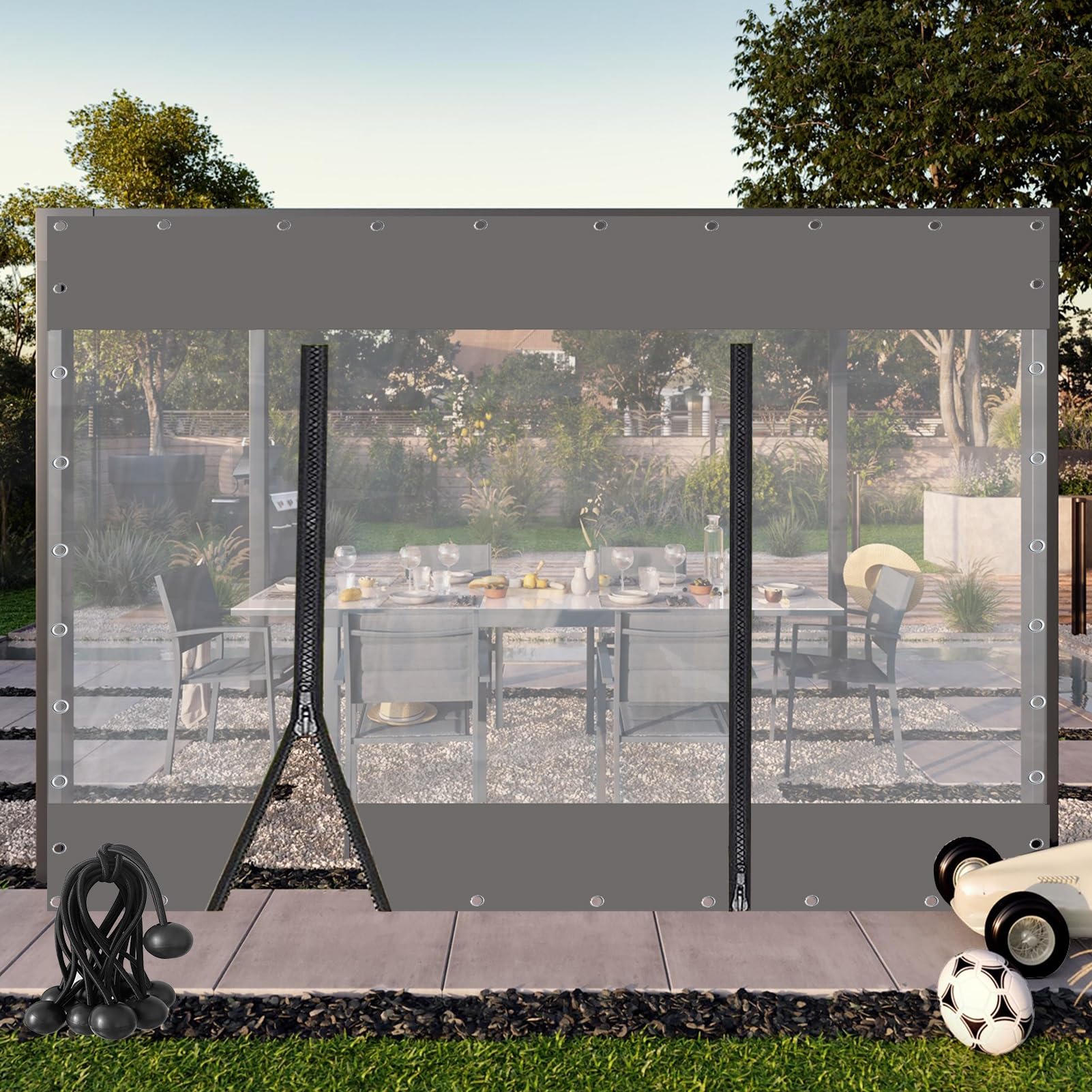 Rideau de pluie en bâche pour pergola et porche avec zip gris 5m