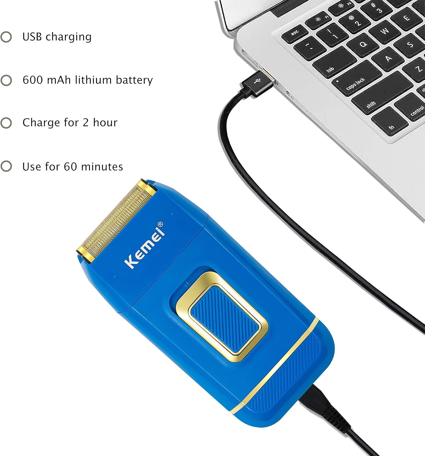 Image showing the KEMEI KM-1102 shaver connected to a laptop via USB for charging, highlighting its 600 mAh lithium battery, 2-hour charge time, and 60-minute use time.
