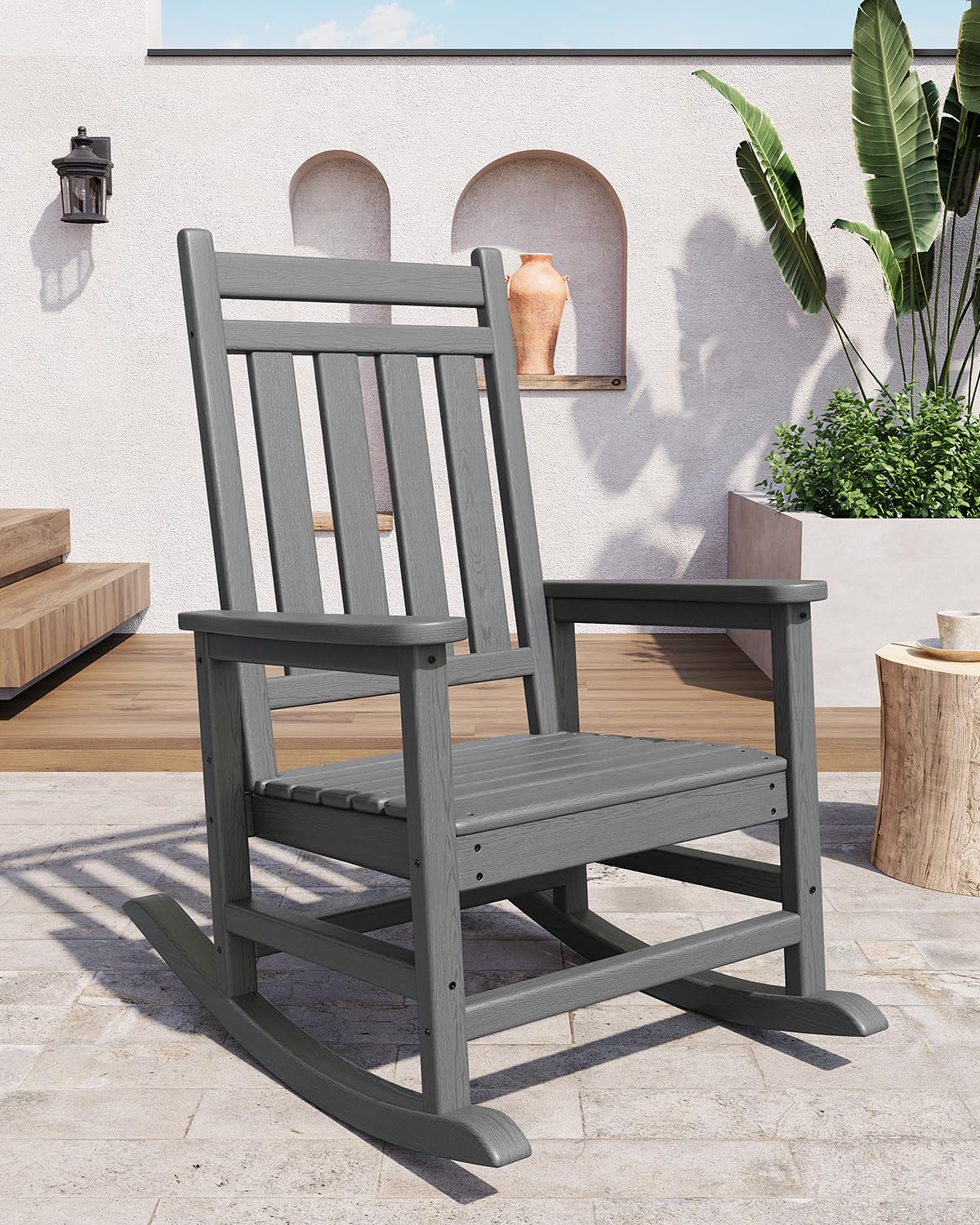 Garvee Mecedora de Jardín de HDPE Silla Balancín Exterior con Respaldo Cuadrado 4 Listones Textura de Madera para Terraza Porche Patio Sillón Relax Ergonómico Resistente 74x85x113 cm Gris