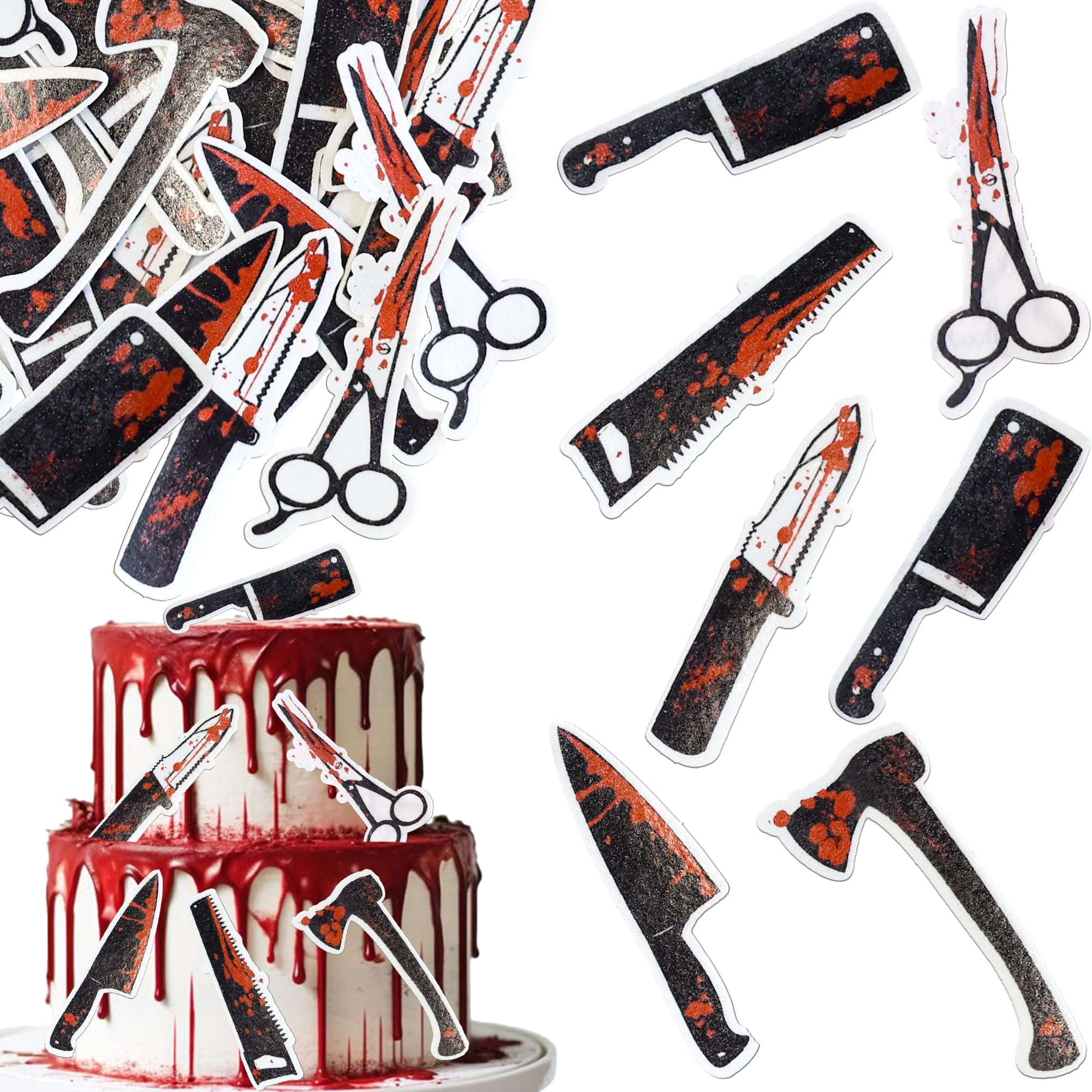 Ephlyn 54Pcs Edible Halloween Cupcake Toppers Edible Happy Halloween Cake Picks Horror Bleeding Knives Cupcake Decors for Baby Shower Party Cake Decoration Black Red