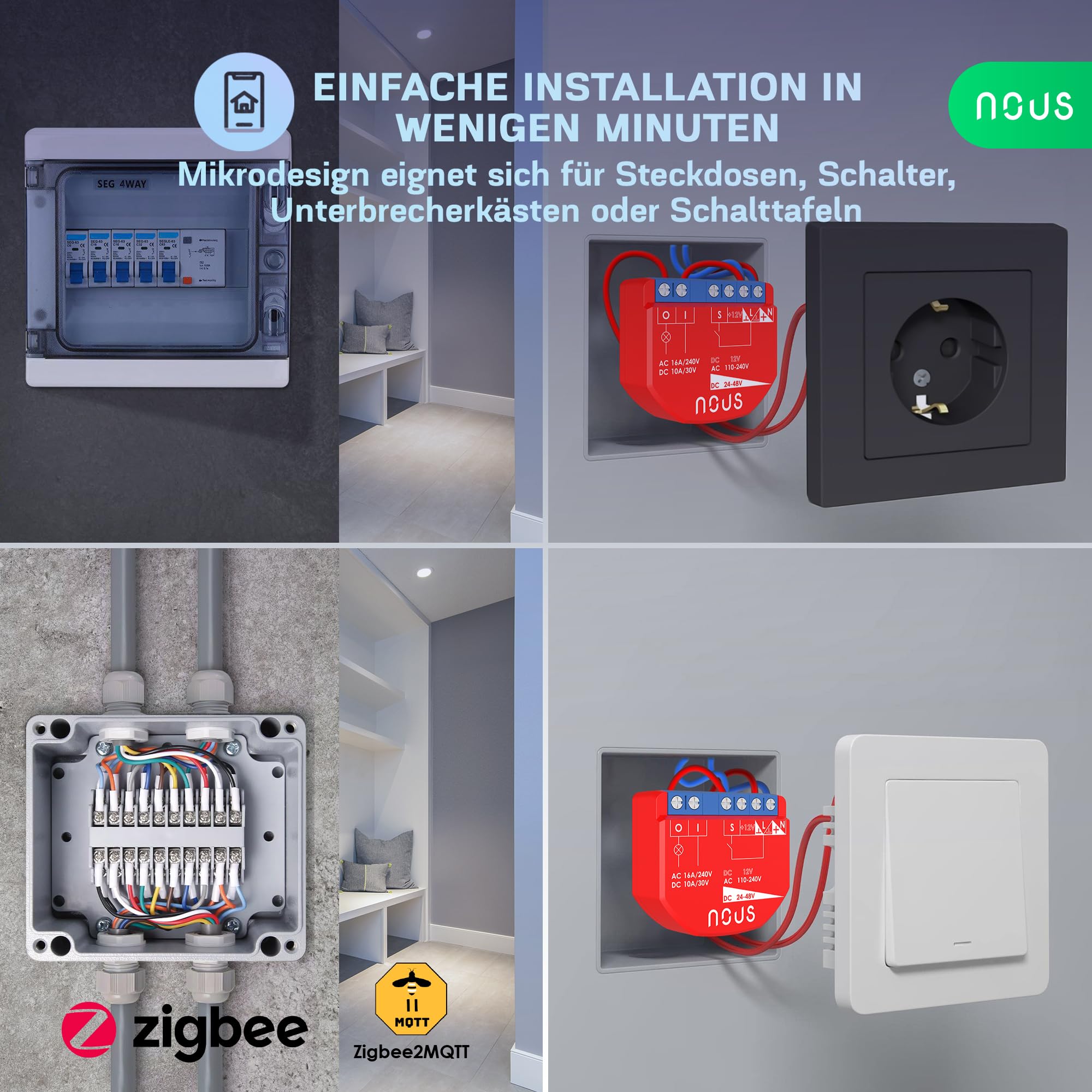 NOUS ZigBee Moduły Smart Switch, 1 kanał, AC 16 A/DC 10 A, suche styki, wymagany koncentrator ZigBee 3.0, kompatybilny z Alexa, Google Assistant, Home Assistant, aplikacją Tuya Smart Life