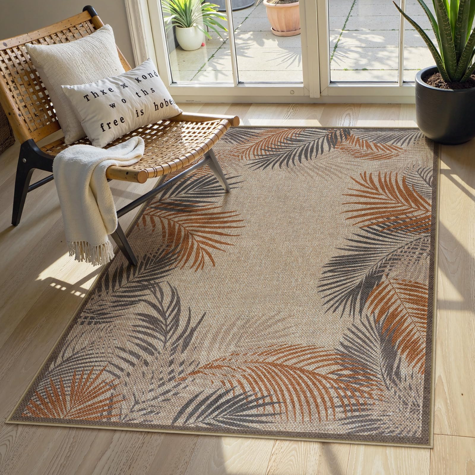 LIVEBOX Modern 3x5 Jute Outdoor Patio Rug, Washable Rugs for Entryway Porch, Tropical Leaf Boho Farmhouse Carpet, Non Slip Front Door Mat for Outdoor