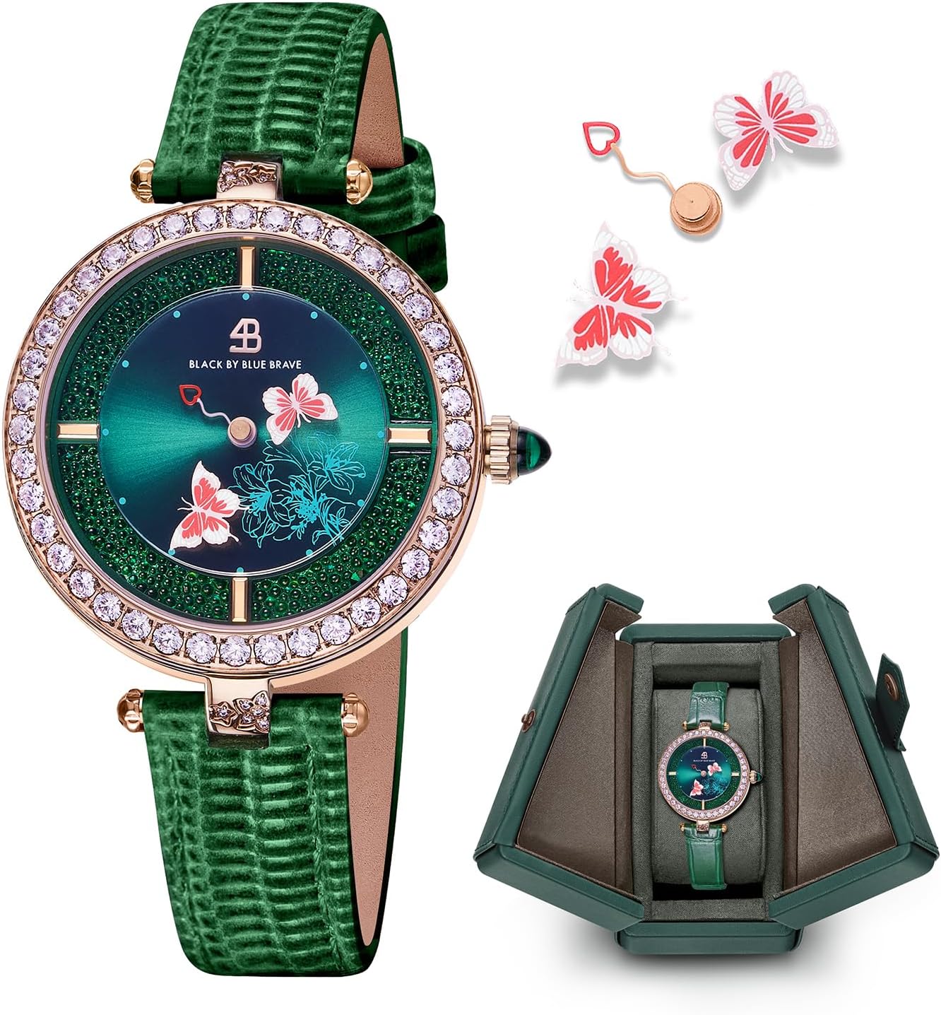 Women's Watch Butterfly Watches for Women Moving Butterflys Hands with Genuine Leather Strap Bee Watches for Women BLACK BY BLUE BRAVE Butterfly Lovers, Sapphire Crystal Glass combining Cubic Zirconia Stones and 3.5mm Synthetic Crystal Women's Wrist Watch