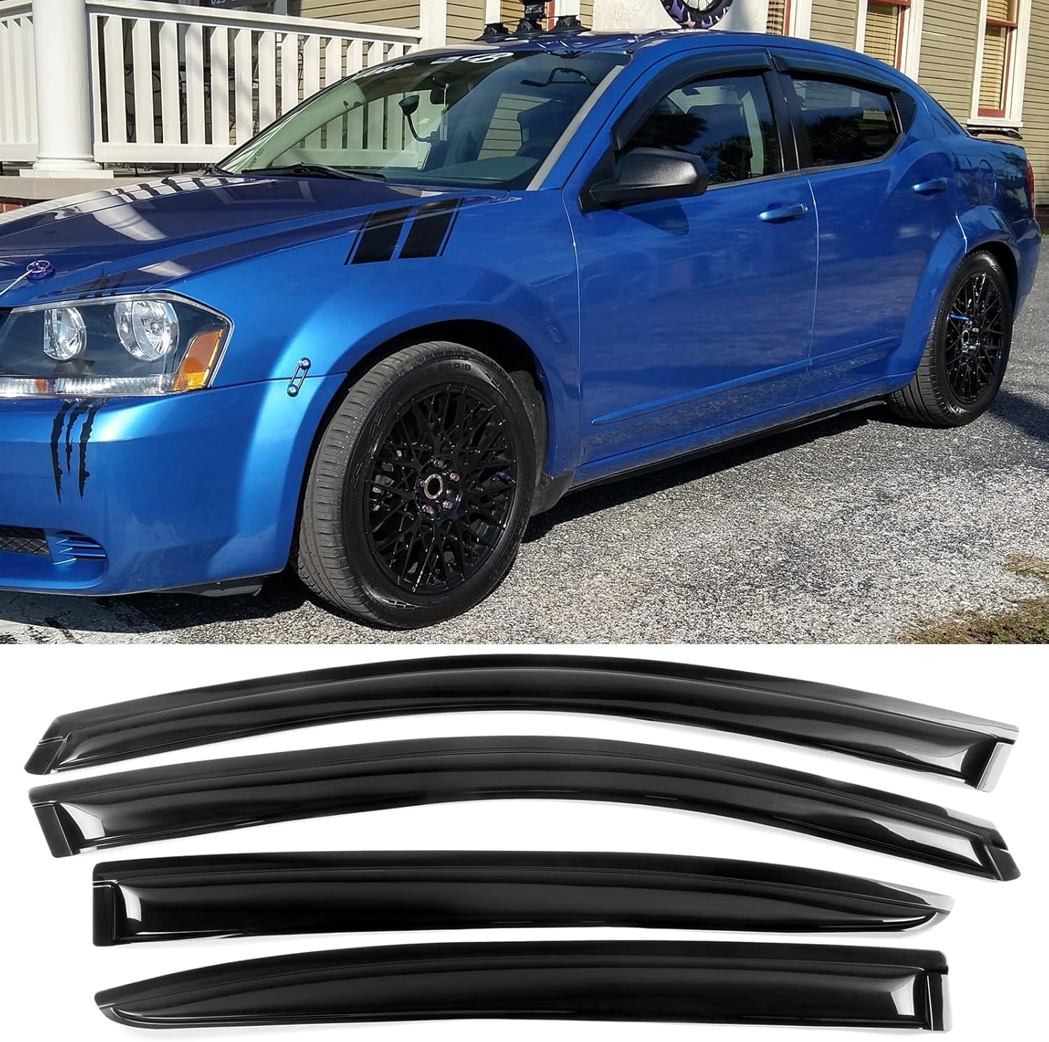 FREEMOTOR802 Tape-on Window Deflectors Fits 2008-2014 Dodge Avenger | Rain Guards Side Window Visors Wind Deflectors Vent Visors Slim Style Smoke Tinted Acrylic 4 Pieces