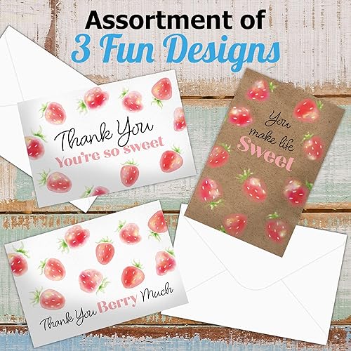 Miniatura 4 de Pro Supply Global 24 tarjetas de agradecimiento de fresa preplegadas de 4 x 6 pulgadas con interior en blanco para dejar una nota y sobres, surtido
