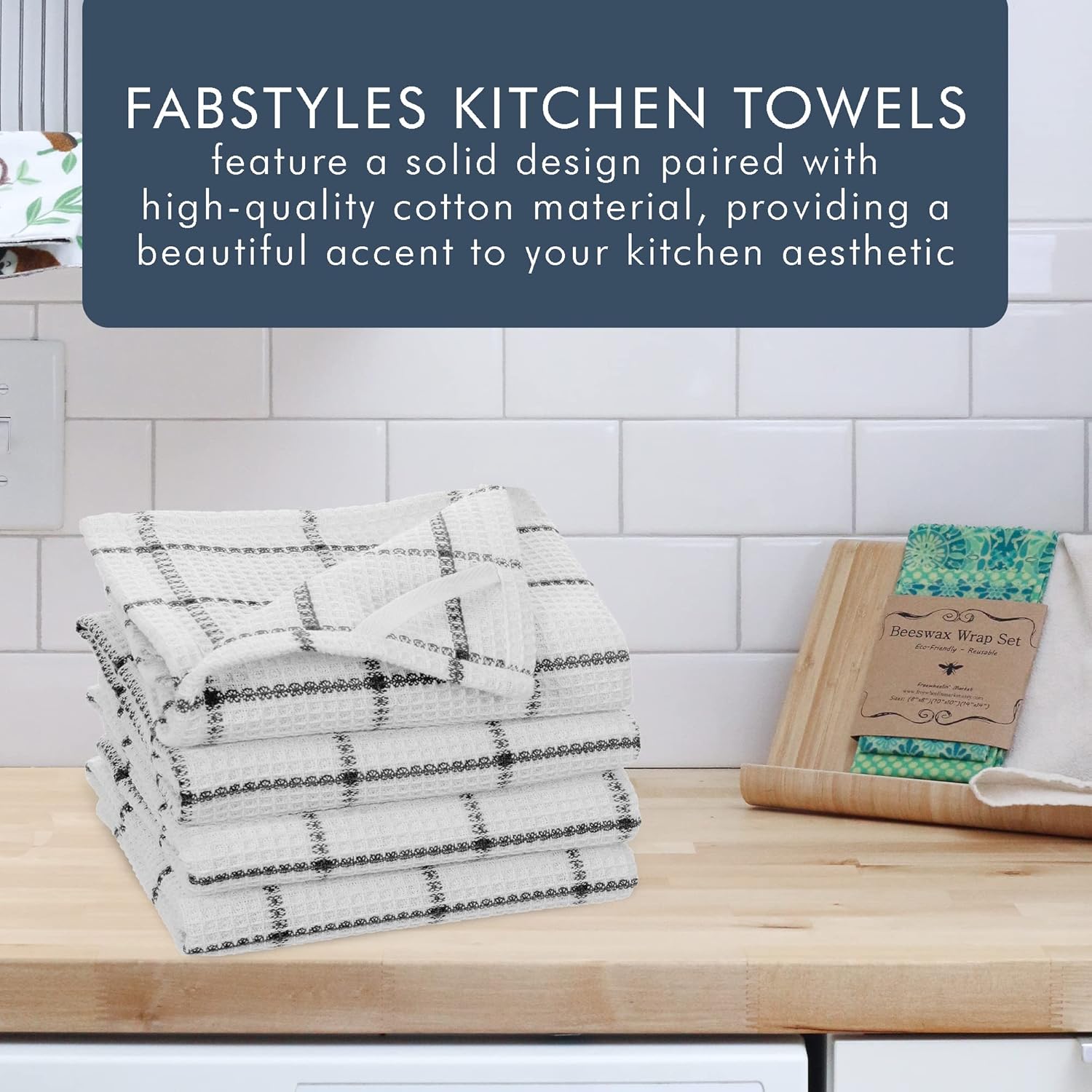Fabstyles 100% Cotton Waffle Weave Kitchen Towels, Extra Large Dish Cloths, Super Absorbent and Quick Dry Tea Towels with Hanging Loop, 18x28 Inches, Set of 4 (White/Black, Kitchen Towel Set)