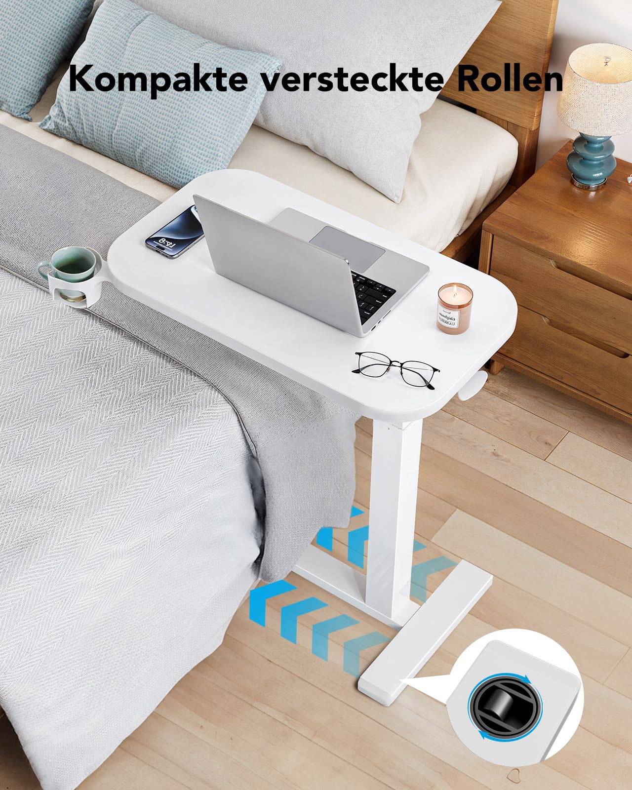 HUANUO Beistelltisch mit Rollen,Höhenverstellbarer Beistelltisch mit 70 x 40 cm große Tischplatte,Mobiler pneumatischer Kleiner Laptoptisch mit Becherhalter für Homeoffice, weiß