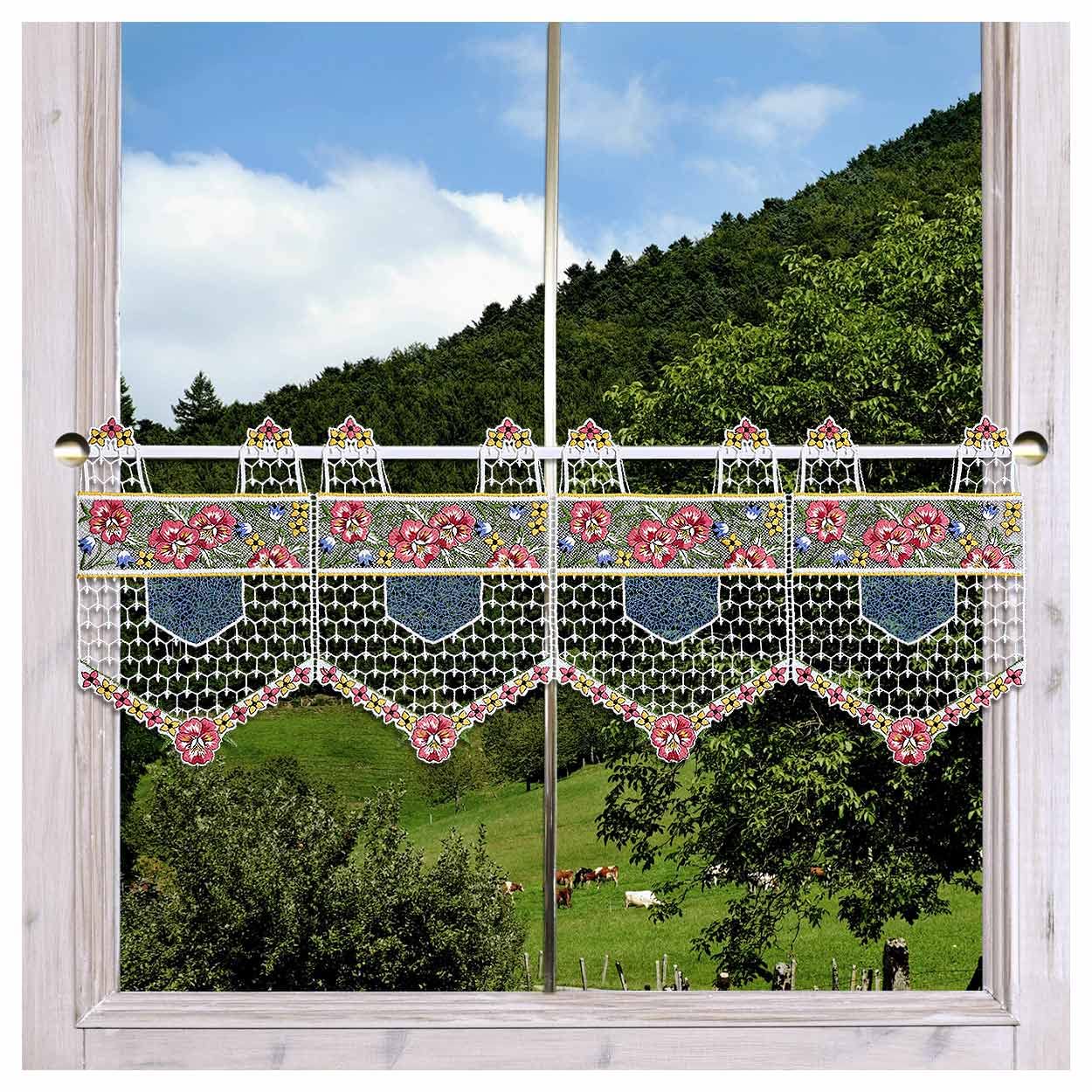 Spitzengardine Valessa mit Stiefmütterchen in rot aus Echter Plauener Spitze Feenhaus-Scheibengardine für Frühling und Sommer 27 x 55 cm