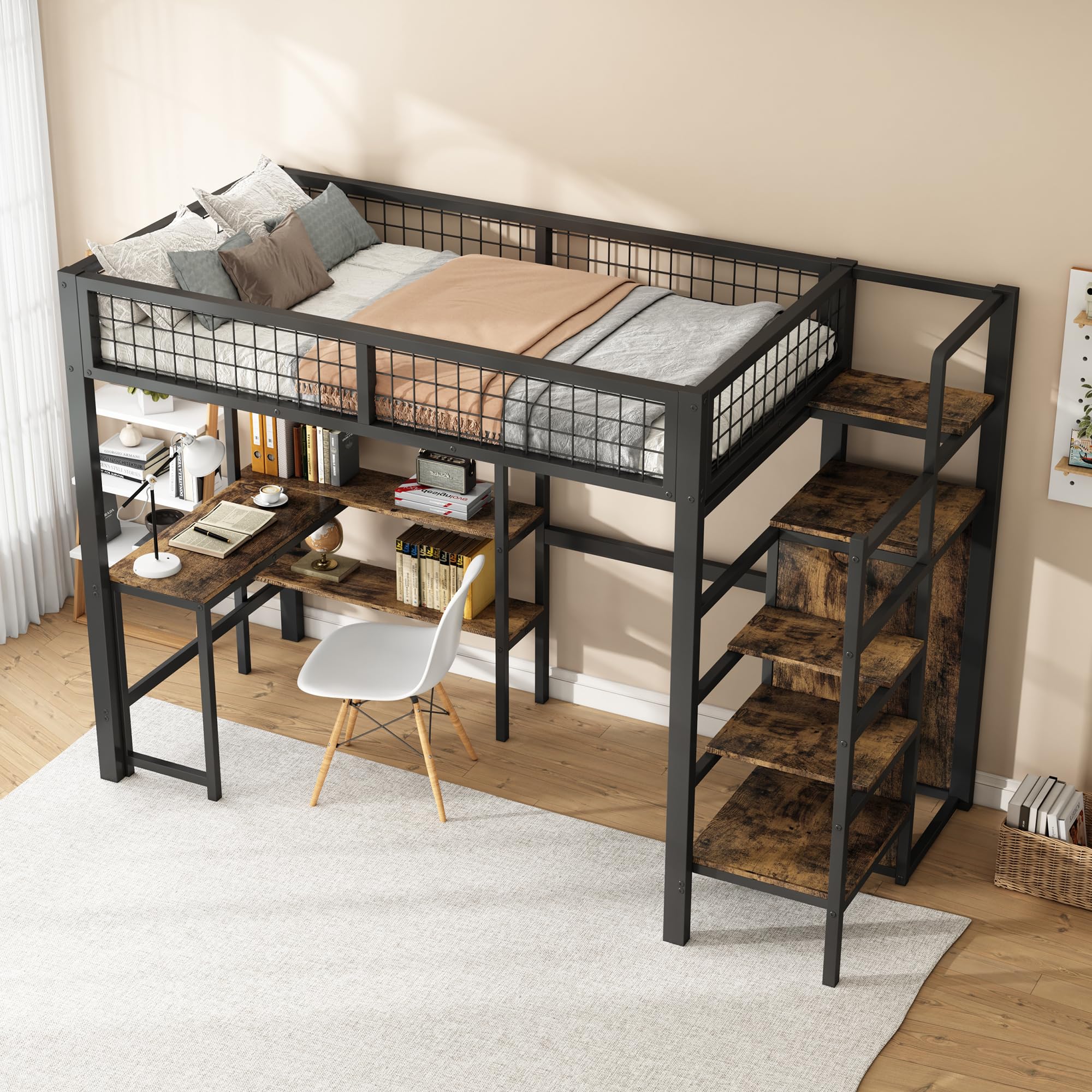 Cama Infantil 90x190 THINK 30 De Metal Con Escritorio Y Estante, No  Necesita Somier, Tamaño Individual, Color Negro Cama Alta, image size:2000x2000