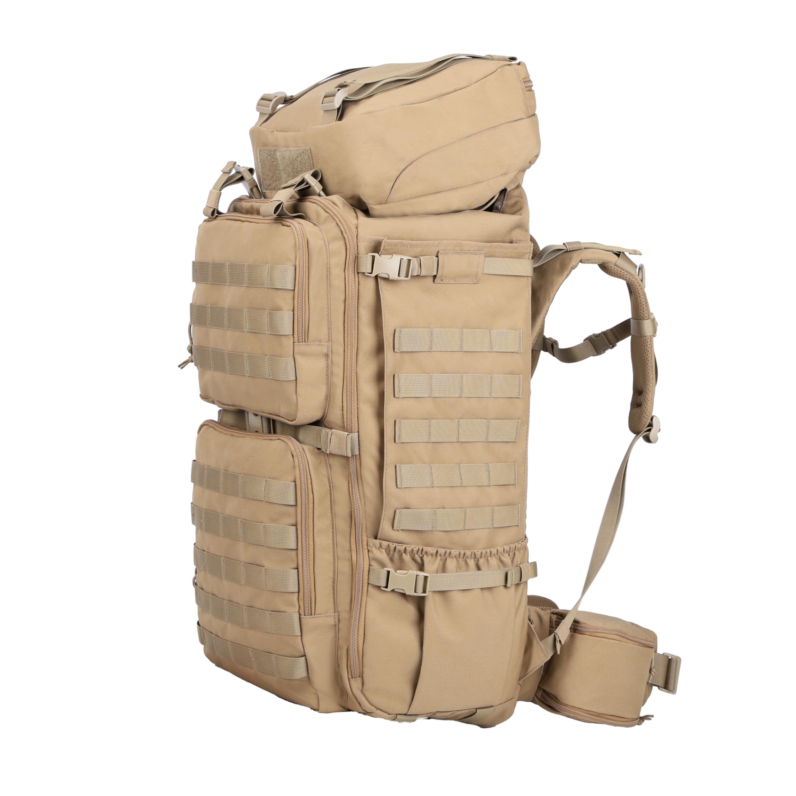 Zsearaymy 85L Hiking MOLLE Backpack with Internal Frame & Rain Cover for Tactical, Camping, Backpacking, Survival Travel (TAN)