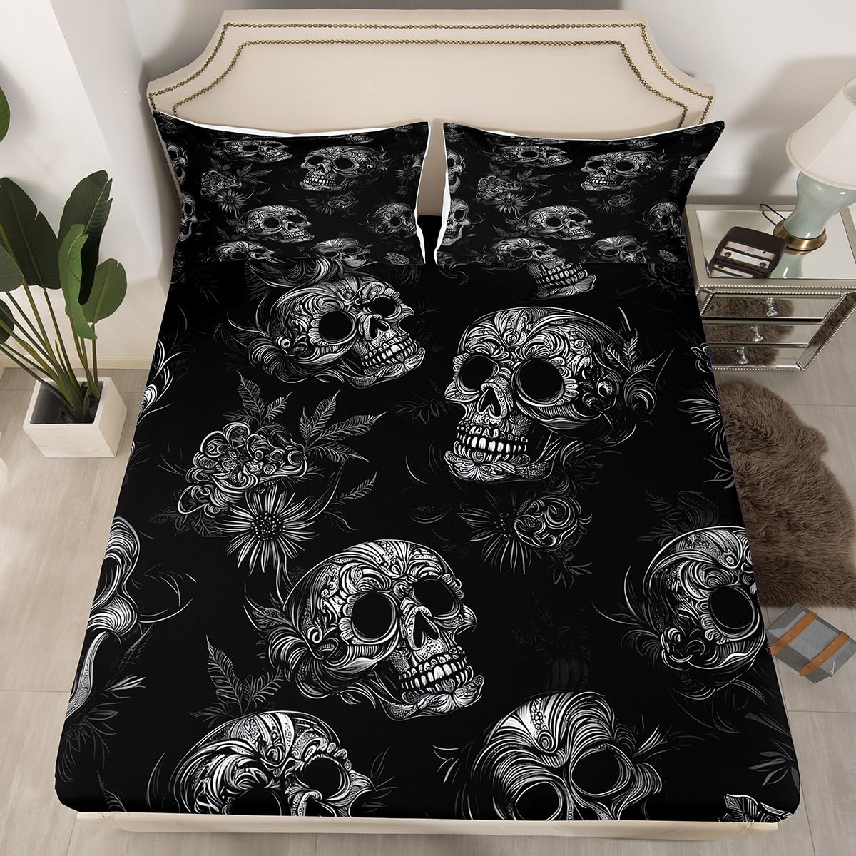 Homewish Juego de sábanas de calavera gótica, juego de ropa de cama doble con diseño de calavera de rosa, decoración gótica de Halloween, sábanas de decoración de habitación espeluznante, juego de