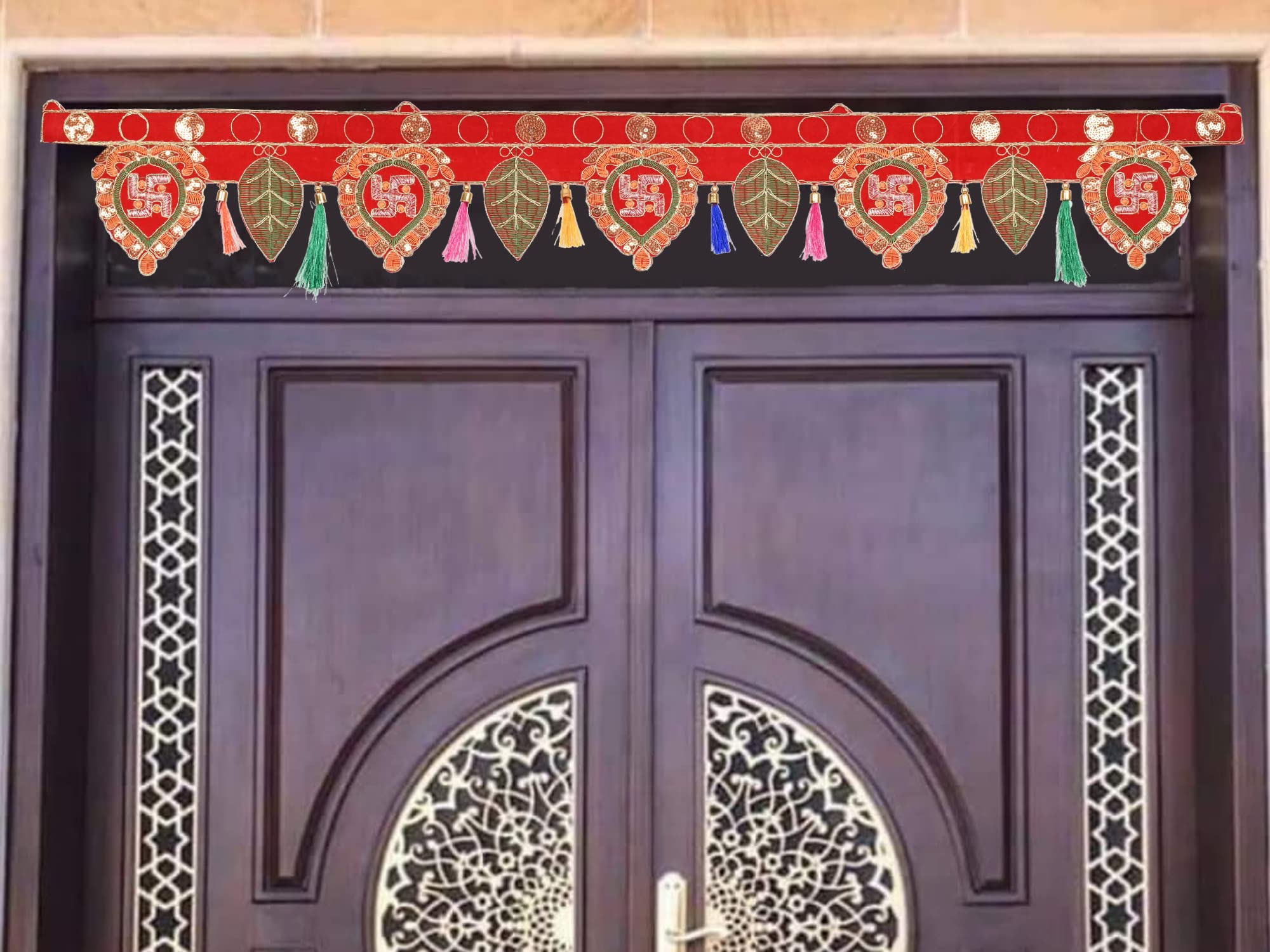 Swastik Design Toran for Door Leaf Design Toranam for Diwali Decoration Color Toran for Pooja Room Velvet Bandarwal Pompom Bandhanwar (Size 38 Inches x 5 Inches) (B09GK3362L) Amazon Price History, Amazon Price Tracker