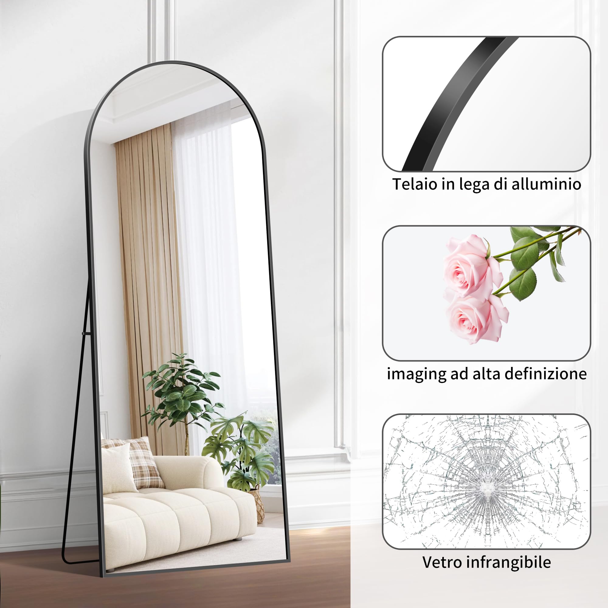 BONEWEI Specchio da Terra ad Arco, 165 x 60 cm Specchio da Parete Grande con Cornice in nero Alluminio, Specchio da Terra da Appoggiare o Appendere per Soggiorno, Camera da Letto, Ingresso
