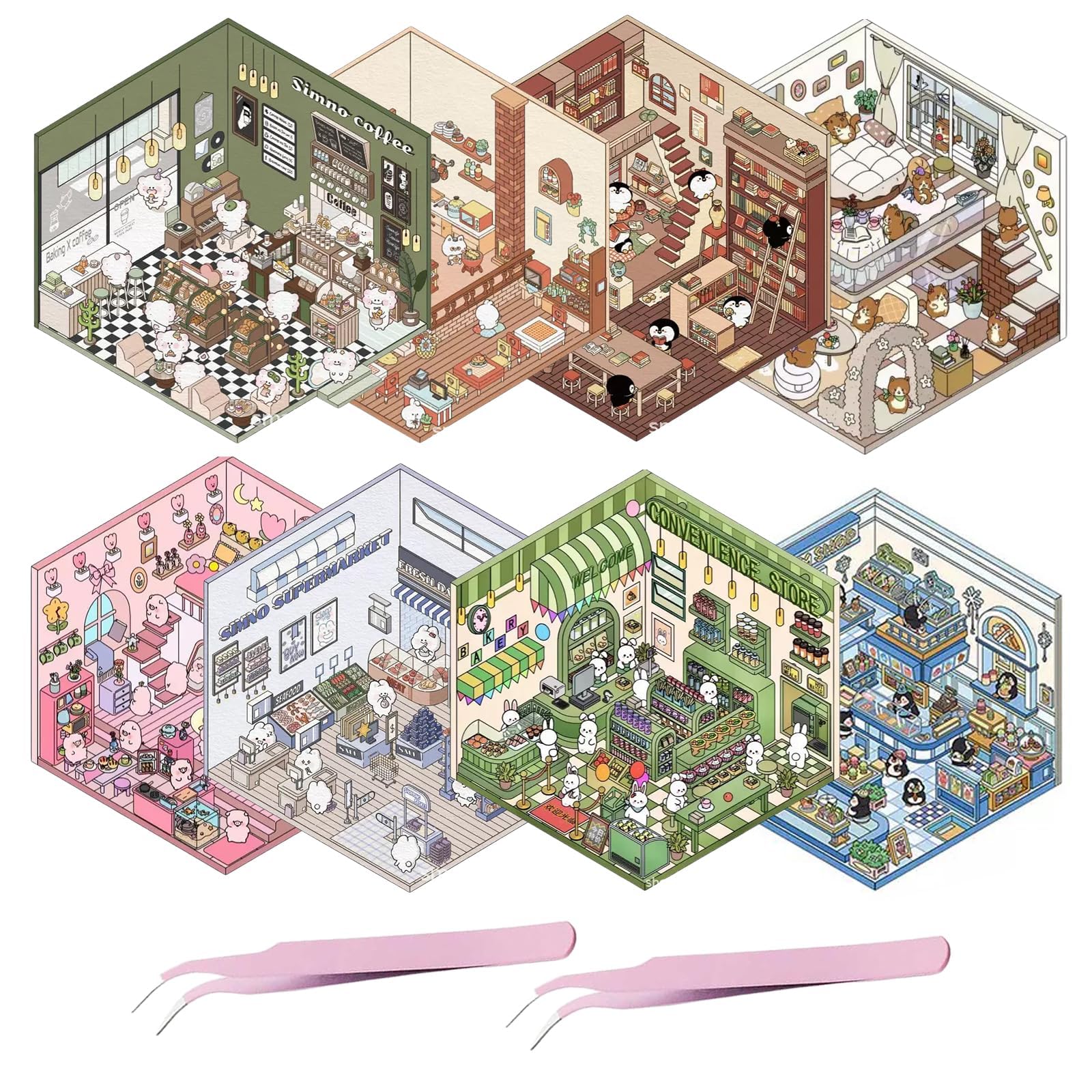 VZU 3D Sticker Scene, Sticker Scene Book, 8 Sets Creative Scene Sticker Book for Relief Stress Pass The Time, Fun DIY Stickers Scene Make Your Own Supermarket, Coffee Shop, Restaurant