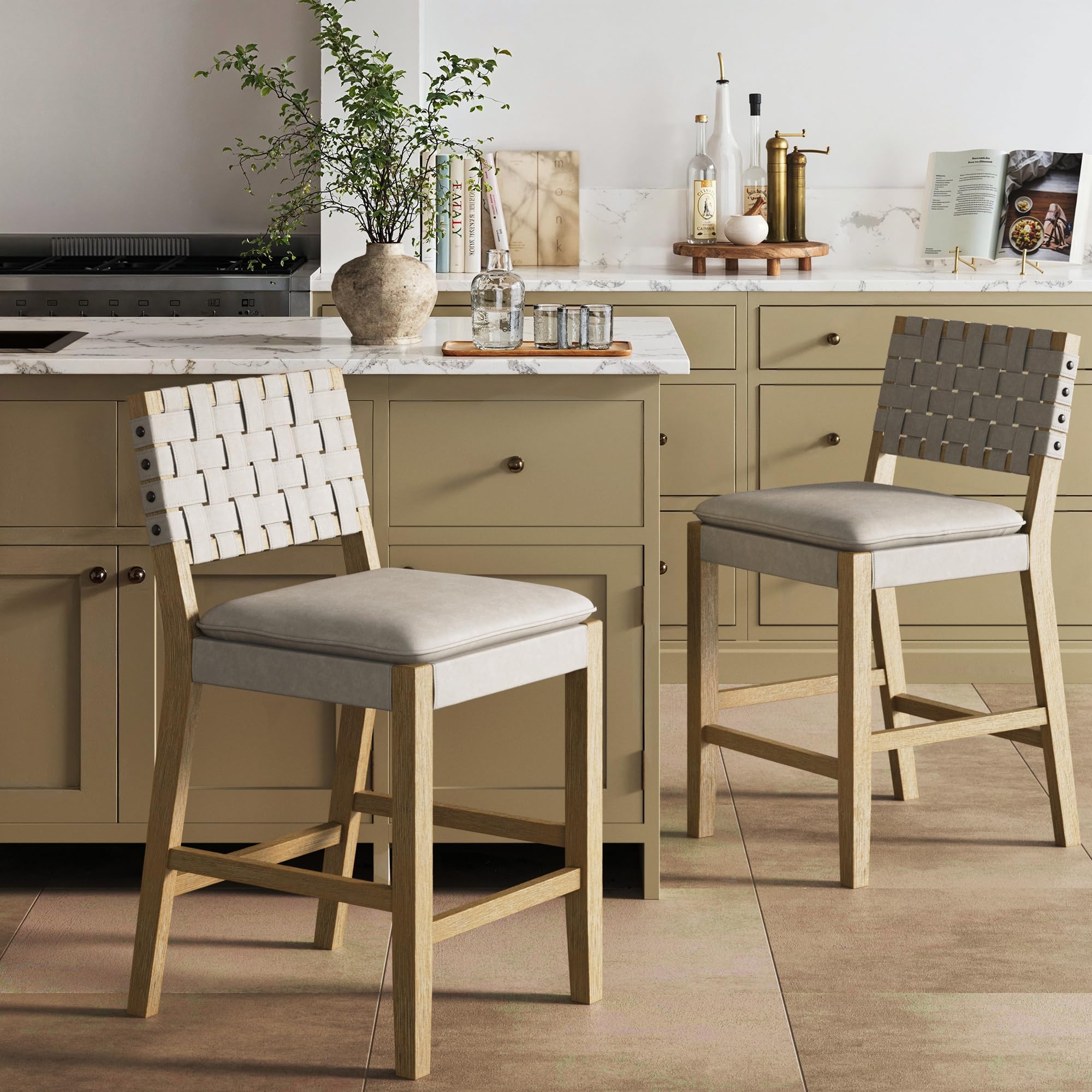 Nathan James Cohen Coastal Bar Stool, Wood Counter Height Leather Bar Stool with Back for Kitchen Island, Gray Mahogany Set of 2