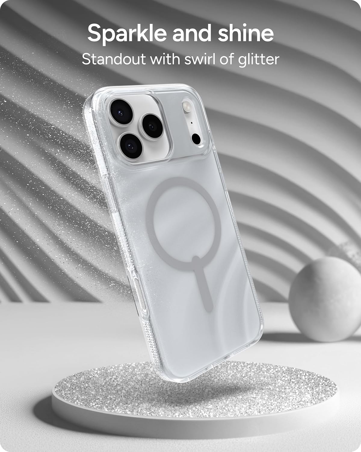 ZAGG Milan Snap Case for iPhone 17 Pro Max - Silver Glitter Swirl, Graphene Strengthened Phone Case with Drop Protection (13ft/4m), Textured Edges & Sparkle Design, MagSafe Charging Compatible