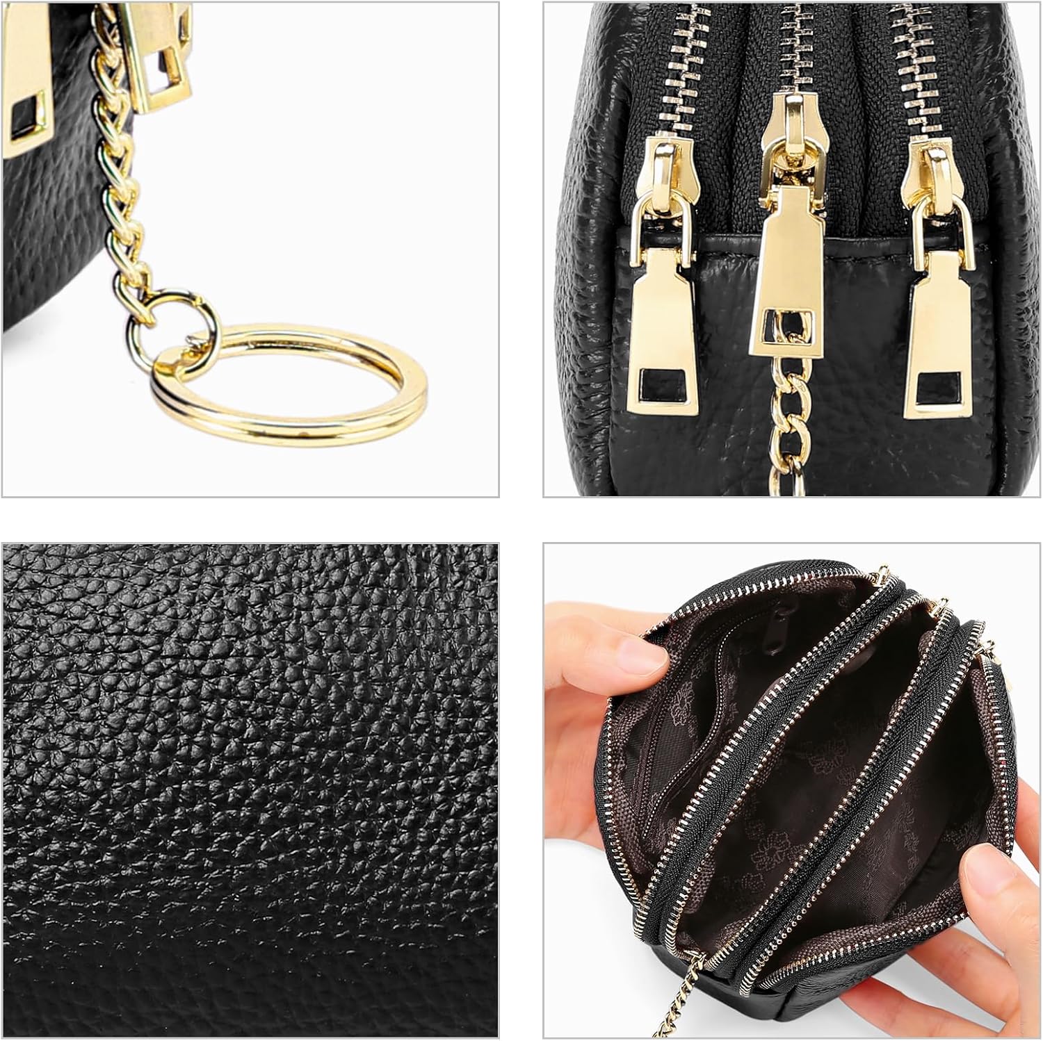 SENDEFN Small Coin Purse Leather 3 Zippered Change Pouch Wallet with Key Ring for Women - Image 4