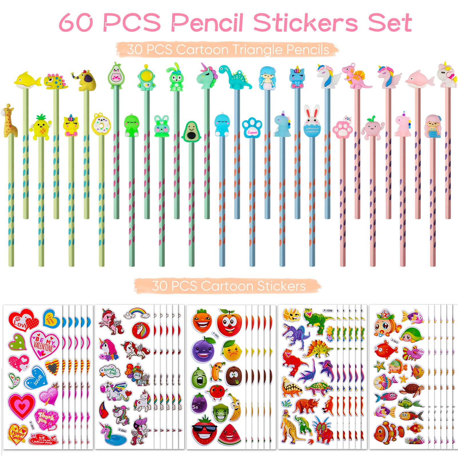 60 Sets,30 Cute Pencils for Kids and 30-3D Stickers for Children,60 pack Pencils Stickers Set,Party Bag Fillers for Kids Class Gifts And Party Favours. Funky Stationery - Image 2