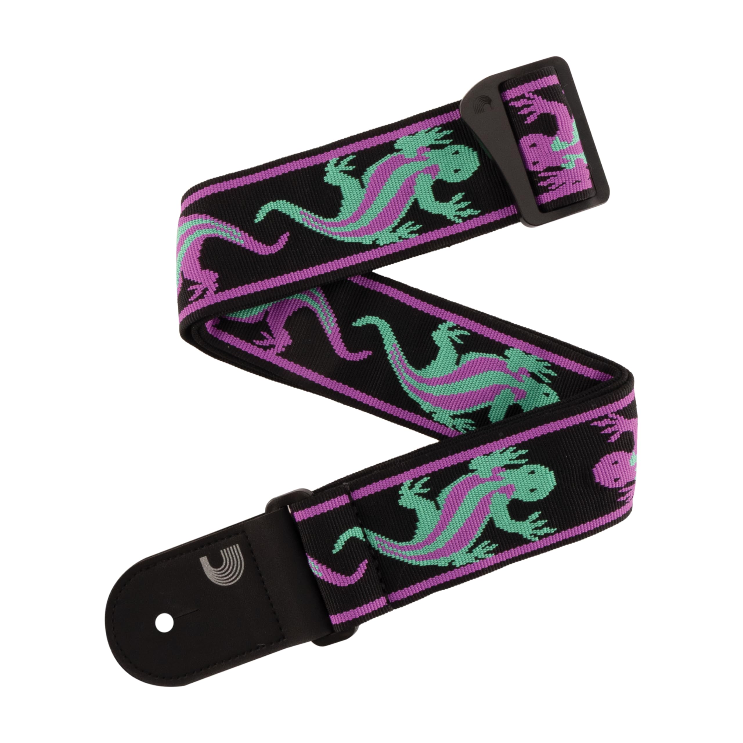 D'Addario Guitar Strap - Acoustic & Electric Guitar Accessories - Eco Leather Ends - Vintage Lizard, Green & Pink