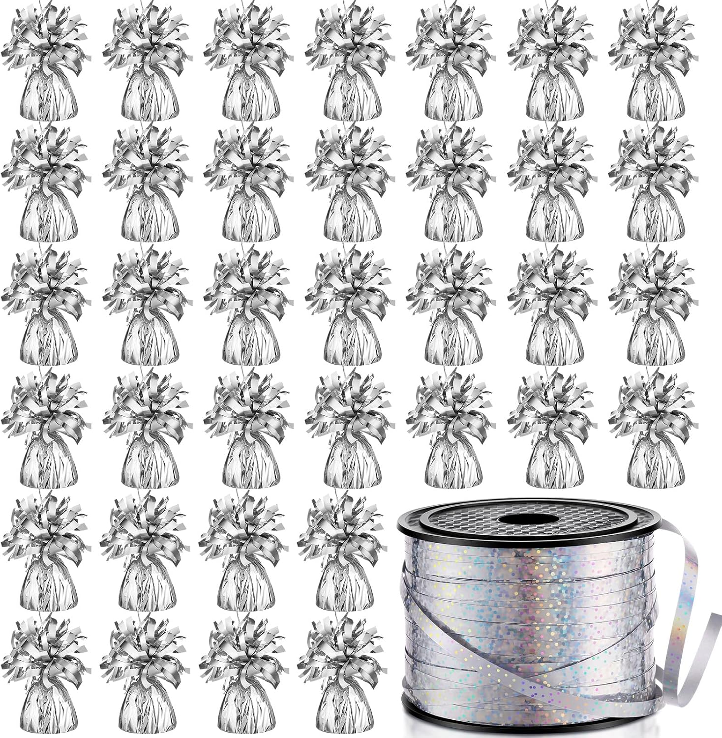 Yunsailing 37 Pcs Balloon Weights with 500 yd Iridescent Ribbon, 3.53 oz Balloon Holder Anchors for Helium Balloons Graduation Wedding Birthday Party Decor (Silver)