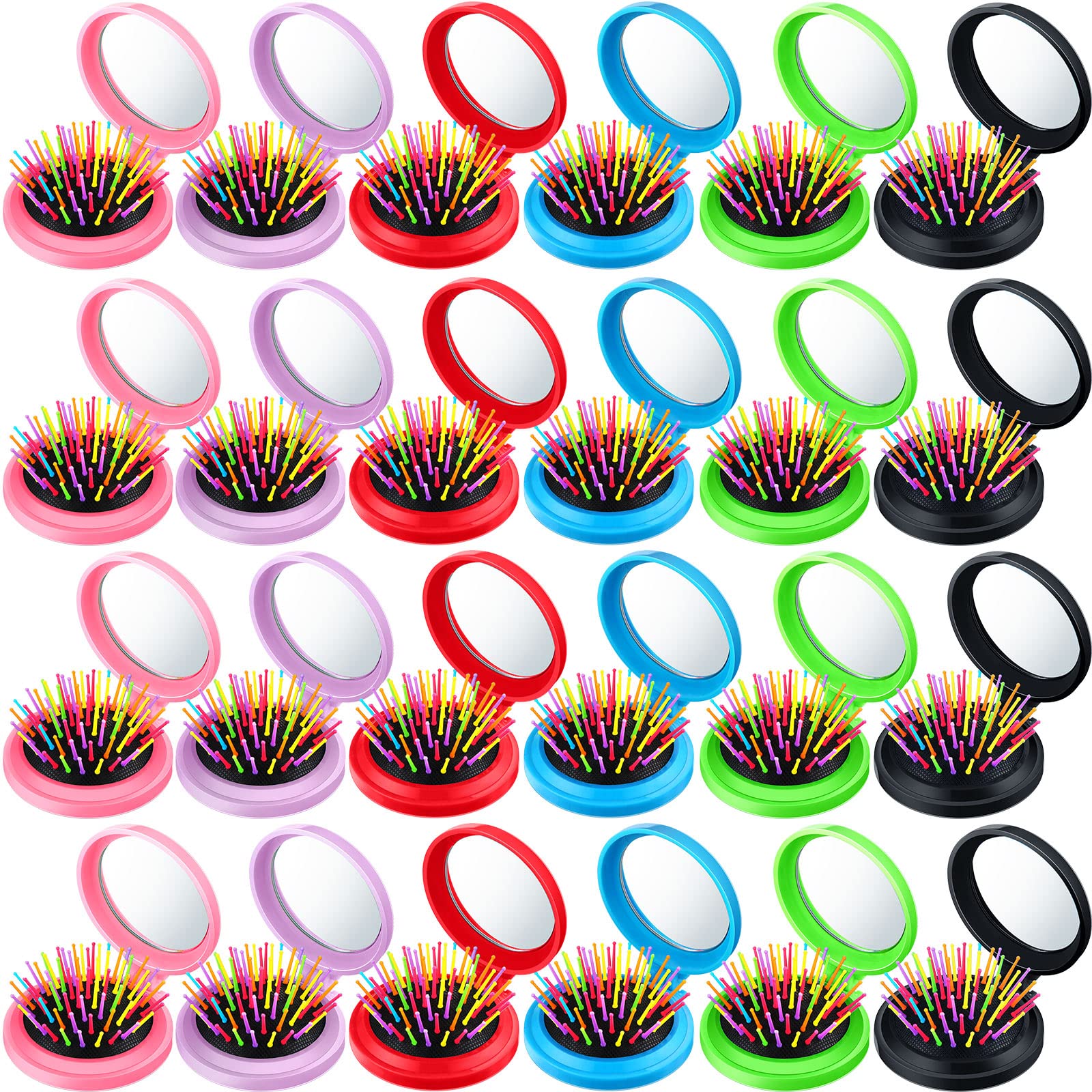 Hoolerry 24 Pcs Folding Hair Brush with Mirror Round Mini Travel Bulk