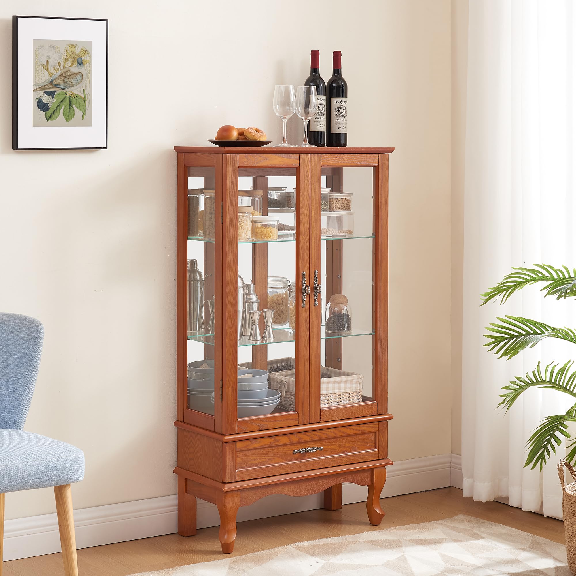 TRJQBCC 49" H Lighted Curio Display Cabinet with 2 Glass Doors & 1 Drawer, Wooden Curio Showcase w/Adjustable Shelves & Mirrored Back Panel, Wine