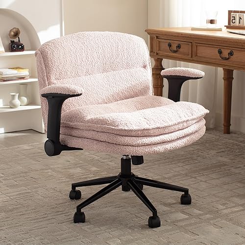 Dowinx Criss Cross Chair with Adjustable Flip-up Arms and Wheels, Comfort Ergonomic Office Desk Armchair with 3 Layer Cushions, Wide Seat Vanity Chair for Home Office, Living Room, Bedroom, Pink - Dusty Pink