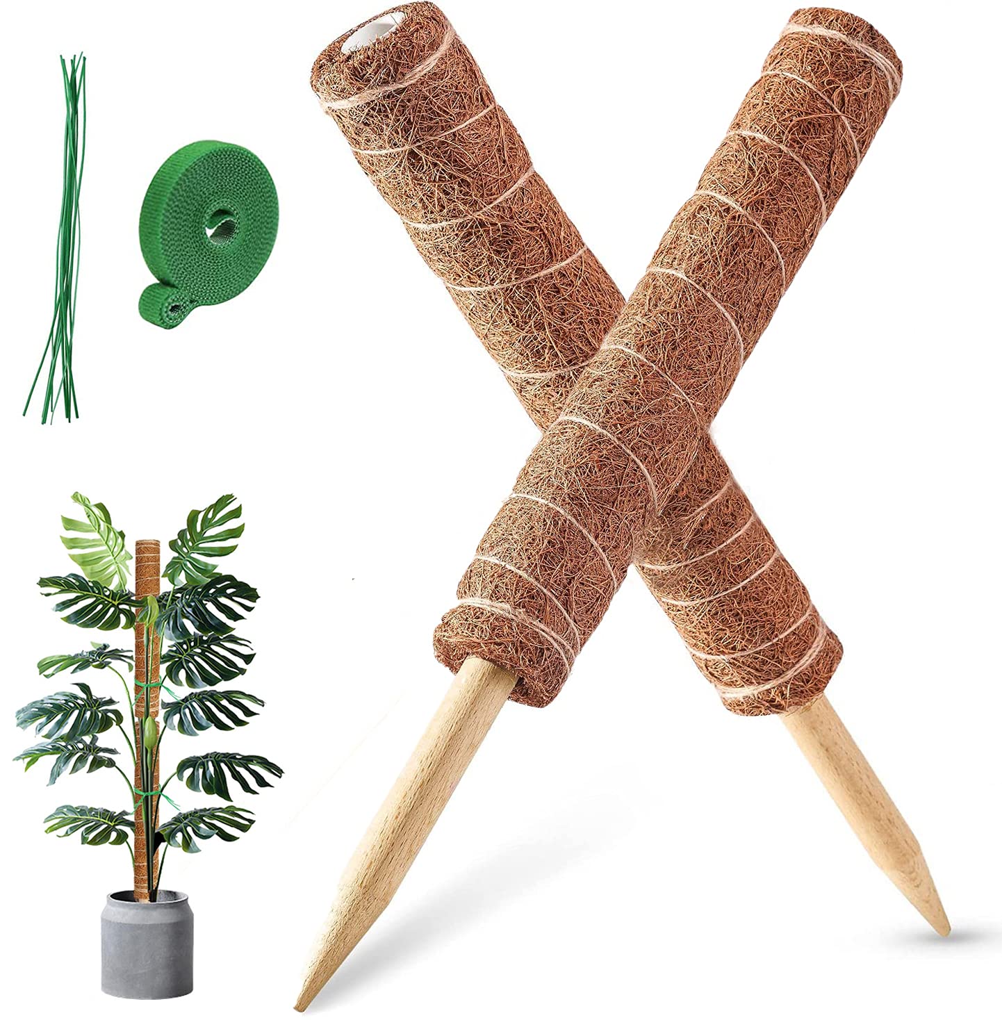Moss Pole, 2PCS 40CM/16inches Coir Moss Pole for Monstera & Cheese Plant, Plant Stands Indoor, 20 Cable Ties and 2M Garden Ties(16" 2PCS)