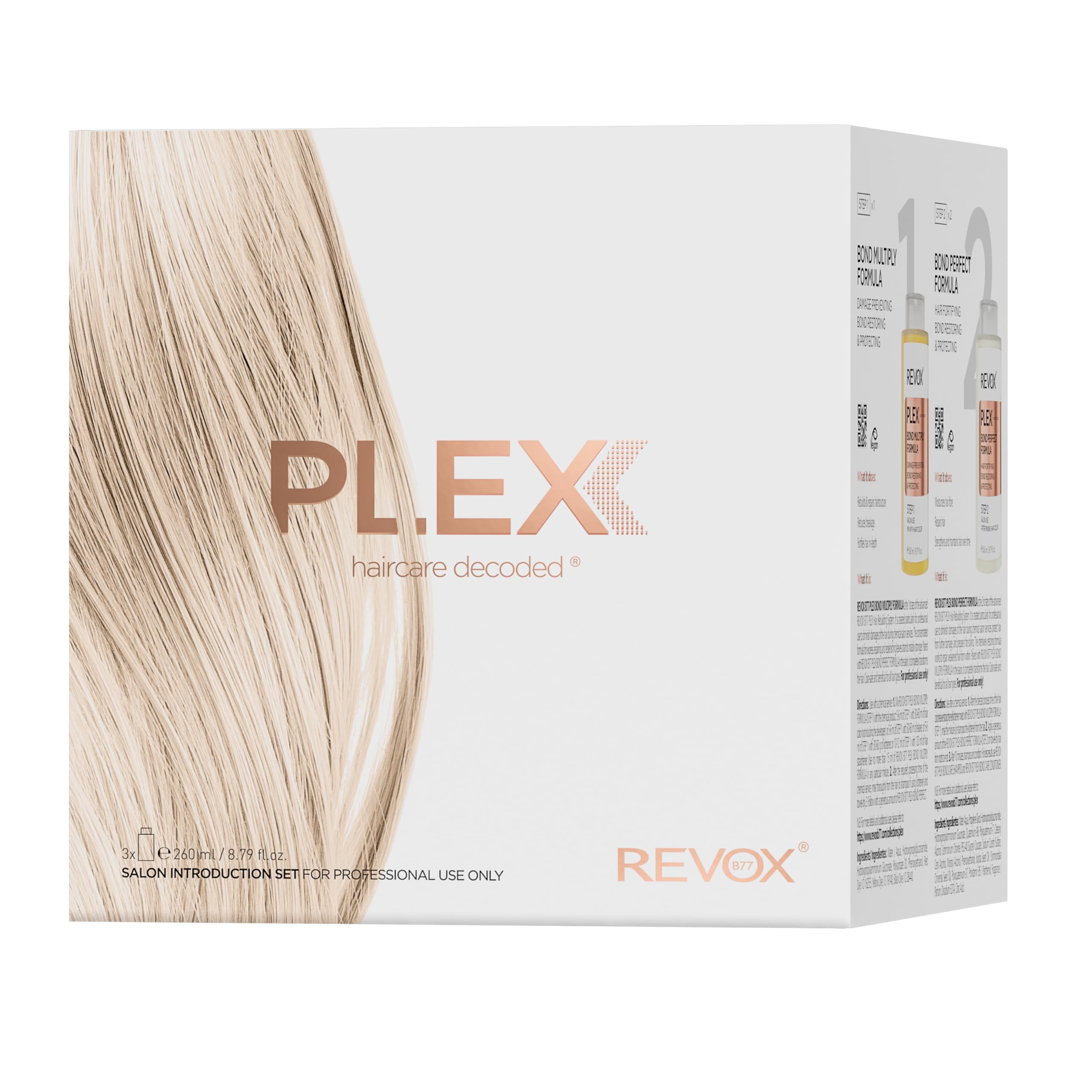 REVOX B77 - Set Tratamiento Pelo Profesional, 1 Plex Bond Multiply Formula Paso 1 de 260 ml + 2 Plex Bond Perfect Formula Paso 2 de 260 ml, Reduce Daños del Cabello en Procesos Químicos en Peluquería