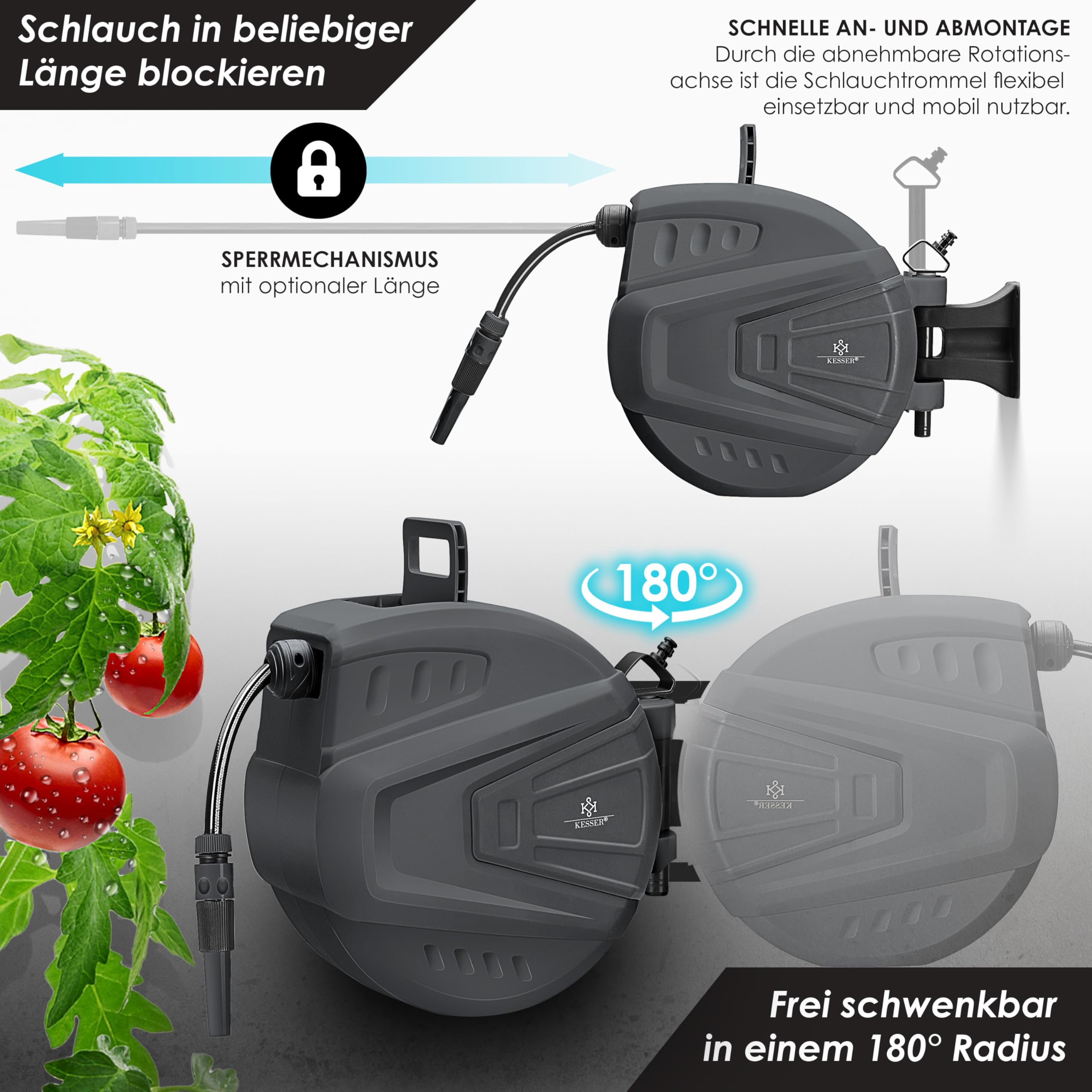 KESSER® automatische Schlauchtrommel 30 m + 2 m, Wand Schlauchbox mit Aufrollautomatik, Schlauchaufroller mit Gartenschlauch, 180° schwenkbar + Multi Handbrause mit 9 Modi, inkl. 2 Aufsätze, Anthrazit