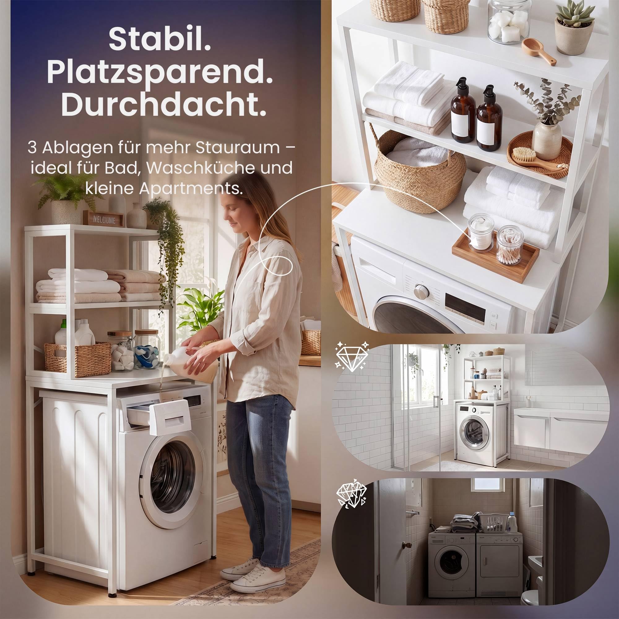 CLP Waschmaschinenregal Torbay mit 3 Ablagen, platzsparender Waschmaschinenüberbau, freistehendes Badregal aus Metall, belastbar bis 100 kg Farbe weiß