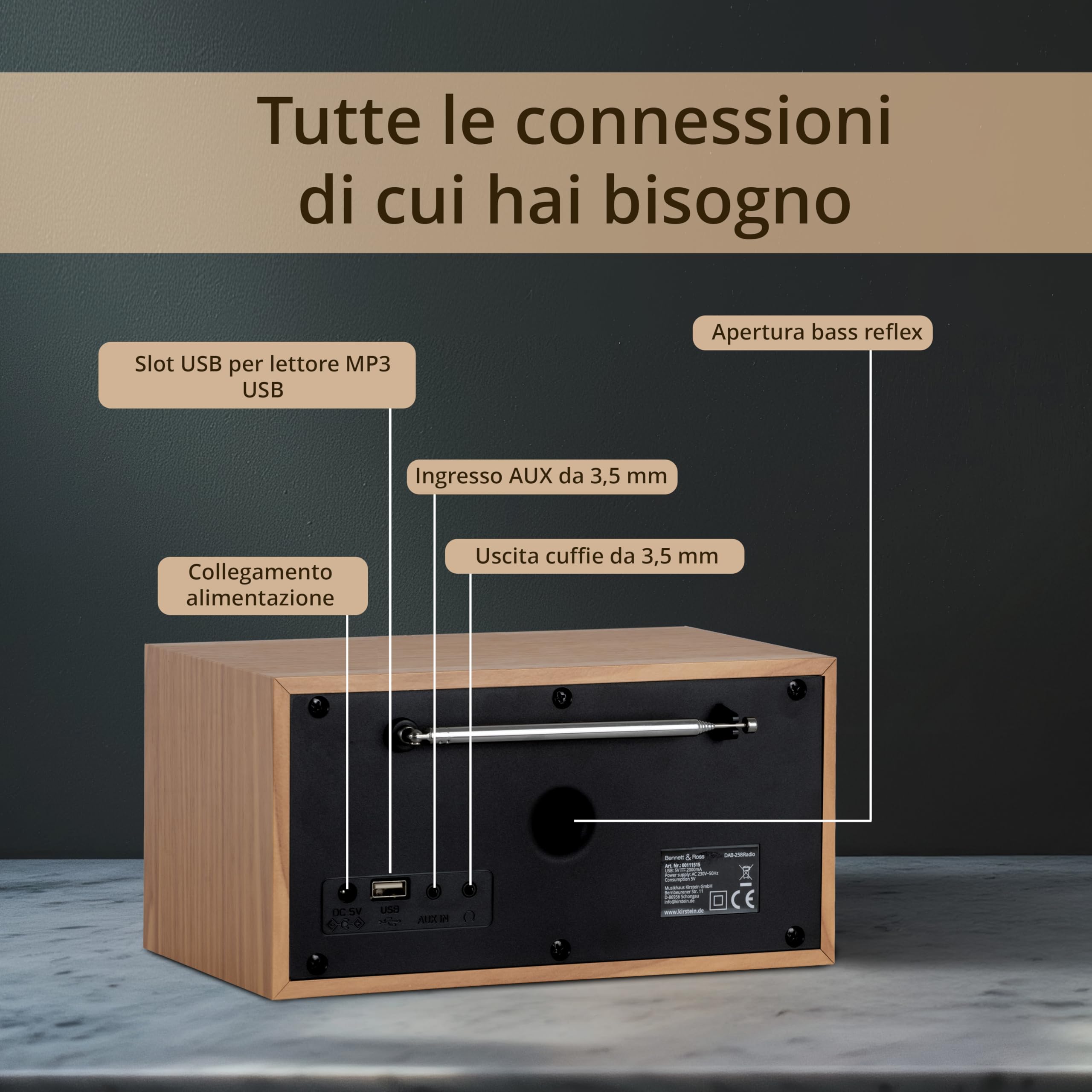 Bennett & Ross DAB-258 NT Vikedal Radio Digitale DAB+/FM - Streaming Bluetooth dallo Smartphone - Lettore USB MP3 e AUX - Doppia Sveglia con Snooze e Timer Di Spegnimento - Display LCD - Naturale