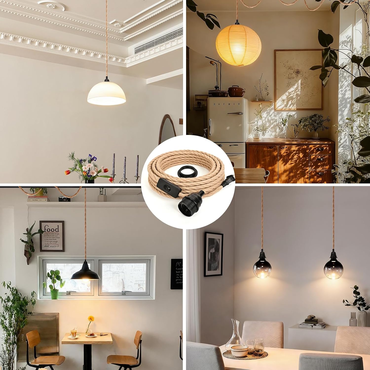 Hanging Lamp Kit with On/Off Switch, Plug in Pendant Light Kit for Home Lighting, 15ft Lamp Cord with E26 E27 Socket, Industrial Rope Light Fixture, Bulb Not Included