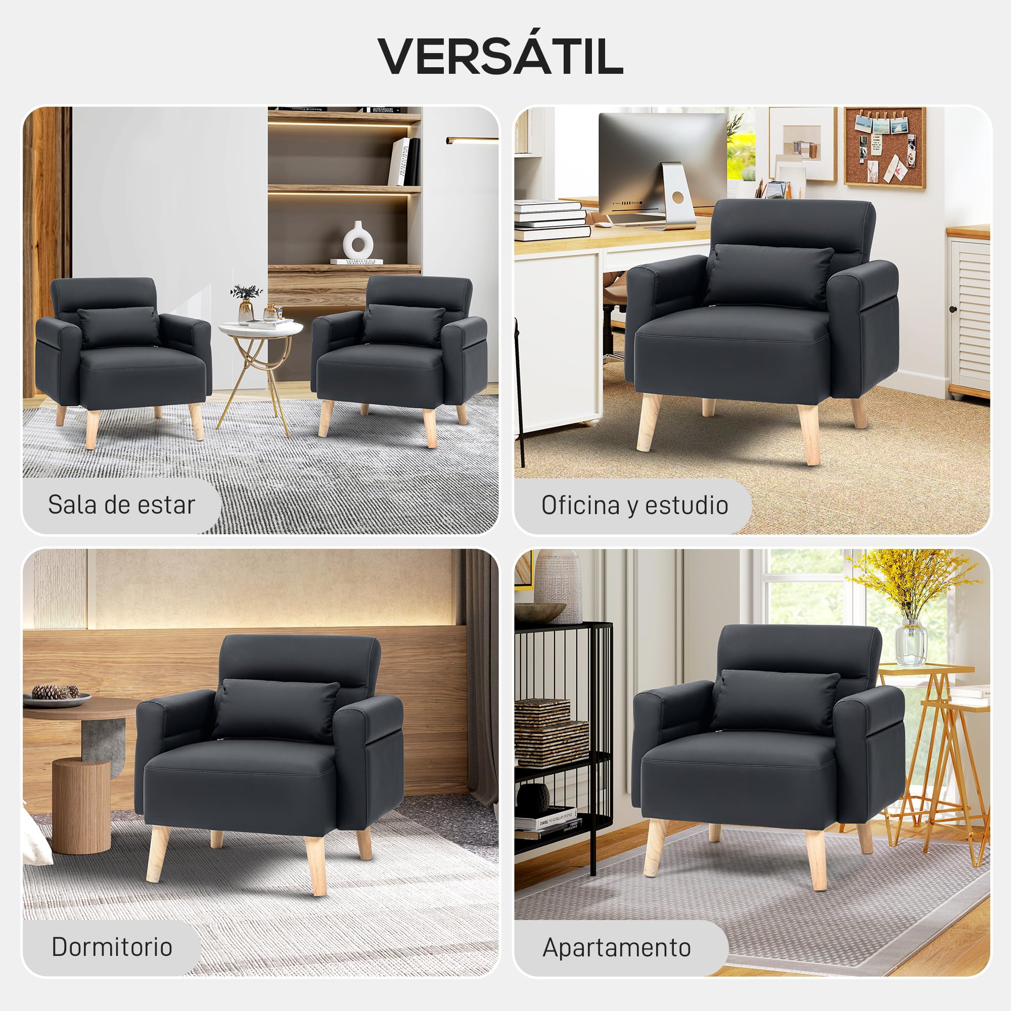HOMCOM Sillón de Salón Tapizado en Cuero Sintético Butaca de Salón de 77 cm con Reposabrazos Acolchado Grueso Respaldo Acanalado y Patas de Madera para Dormitorio Sala de Estar Negro