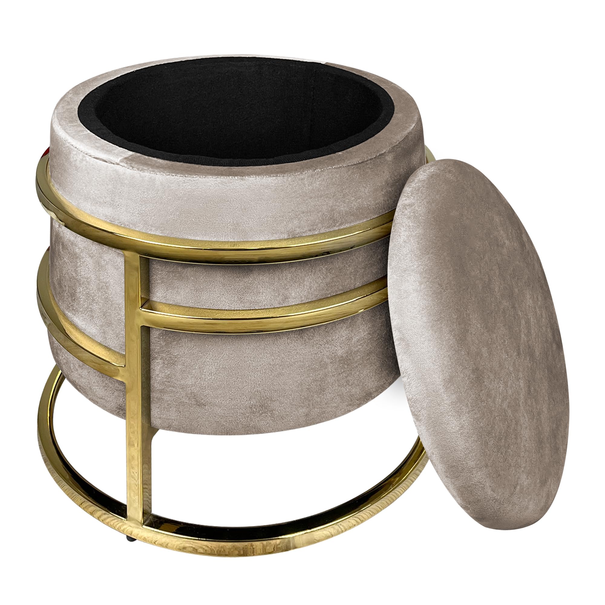 IlGruppone Pouf Contenitore Poggiapiedi Velluto con Struttura Circolare Cromata Oro Elegante Imbottito Sgabello per Toeletta Mobile Trucco Ottomano Ingresso Camera da Letto Rotondo - Tortora