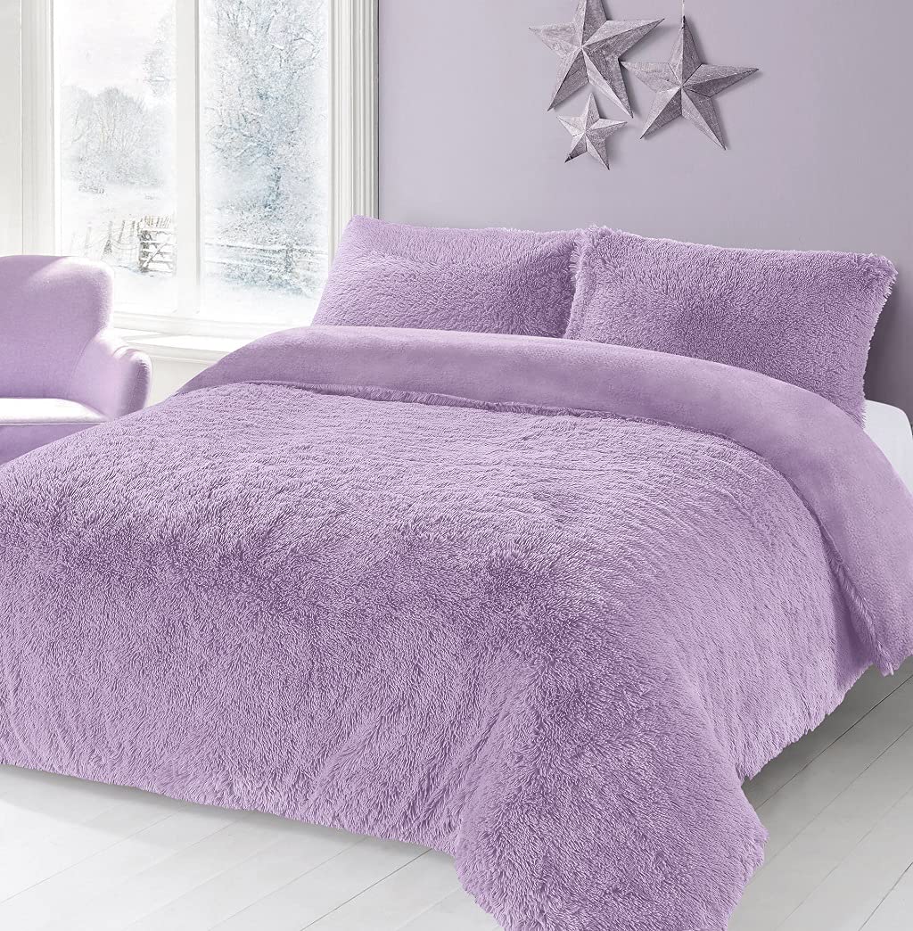 LIZZIE JACOBS Cuddles Fluffy Fur Fleece Luxurious Hug Snug Duvet Cover Sets Super Soft Warm Cosy Snuggle Long Pile Fleece Quilt Cover Sets Reversible Bedding Sets (Lilac, King)