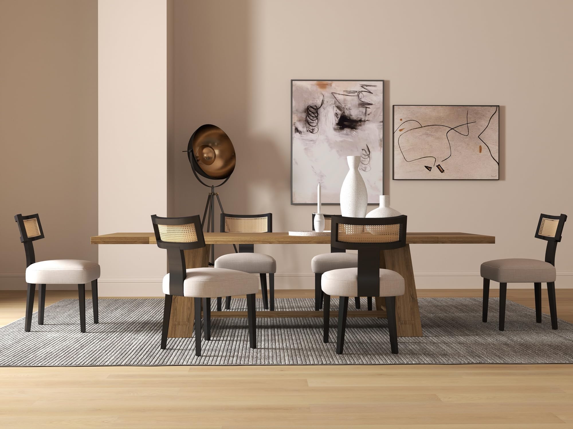 BESTANO Rattan Dining Chairs Set of 6, Mid-Century Modern Black Wooden Farmhouse Dining Chairs Linen Fabric Upholstered Kitchen Dining Room Chairs