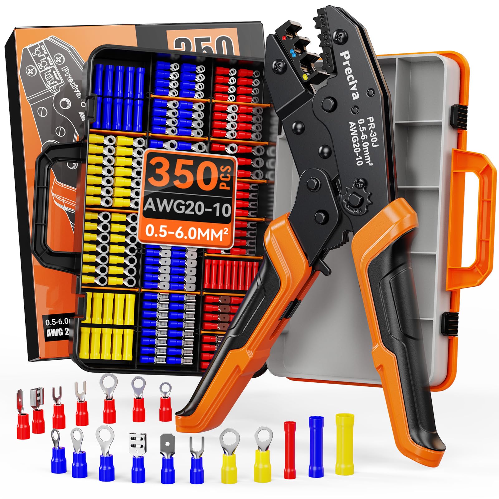 Preciva Insulated Crimping Tool Set with 350 Piece Crimp Connectors & Case, Wire Crimping Tool for 0.5-6mm² (AWG20-10) Bootlace Ferrules for Electrical Work