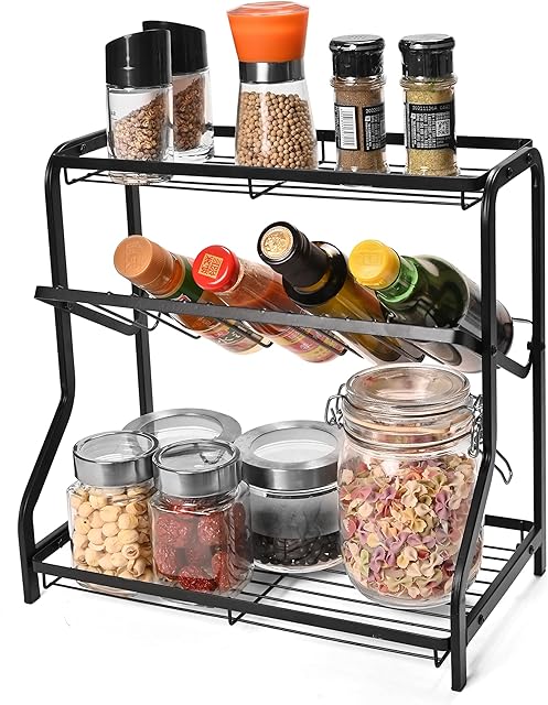 Yorkmills Spice Racks Free Standing 3 Tier Spice Jars Organizer Metal Storage Rack Cupboard Kitchen Shelf Countertop Spice Holder for Bottles, Glass Jars, Oil Bottles, Pantry Storage 